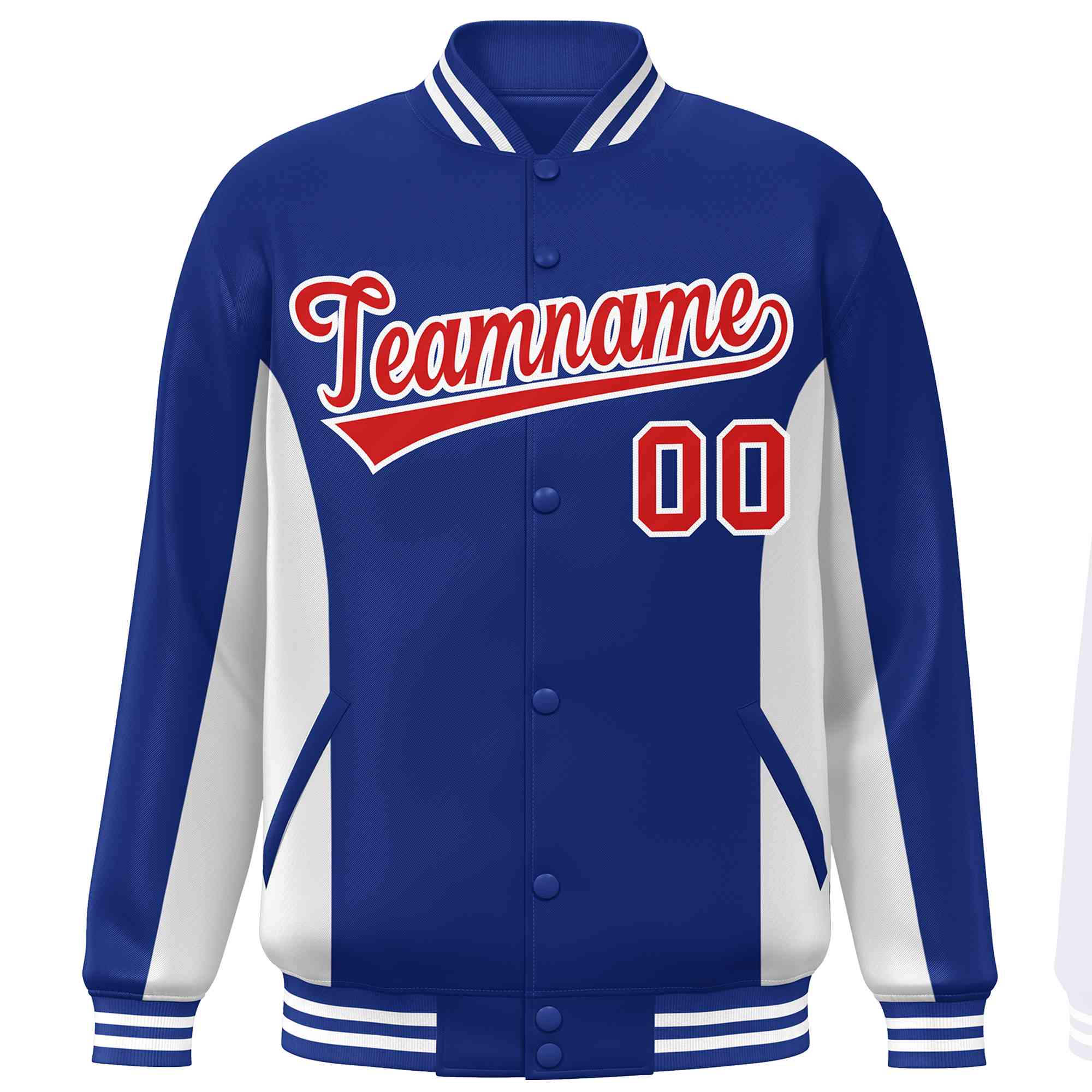 Custom Royal White-Red Varsity Full-Snap Color Block Letterman Baseball Jacket