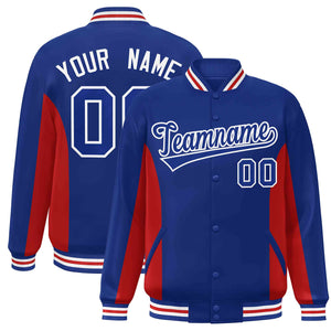 Custom Royal Red Varsity Full-Snap Color Block Letterman Baseball Jacket