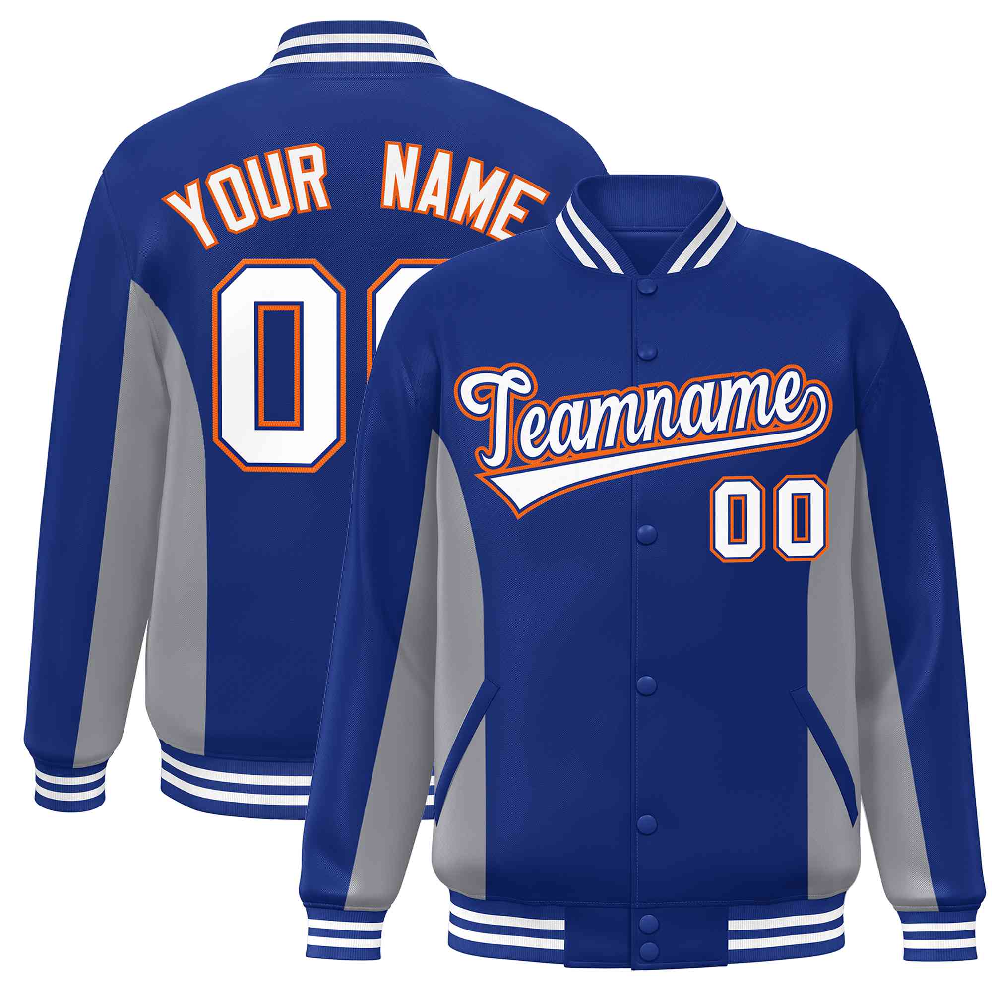 Custom Royal Gray-White Varsity Full-Snap Color Block Letterman Baseball Jacket