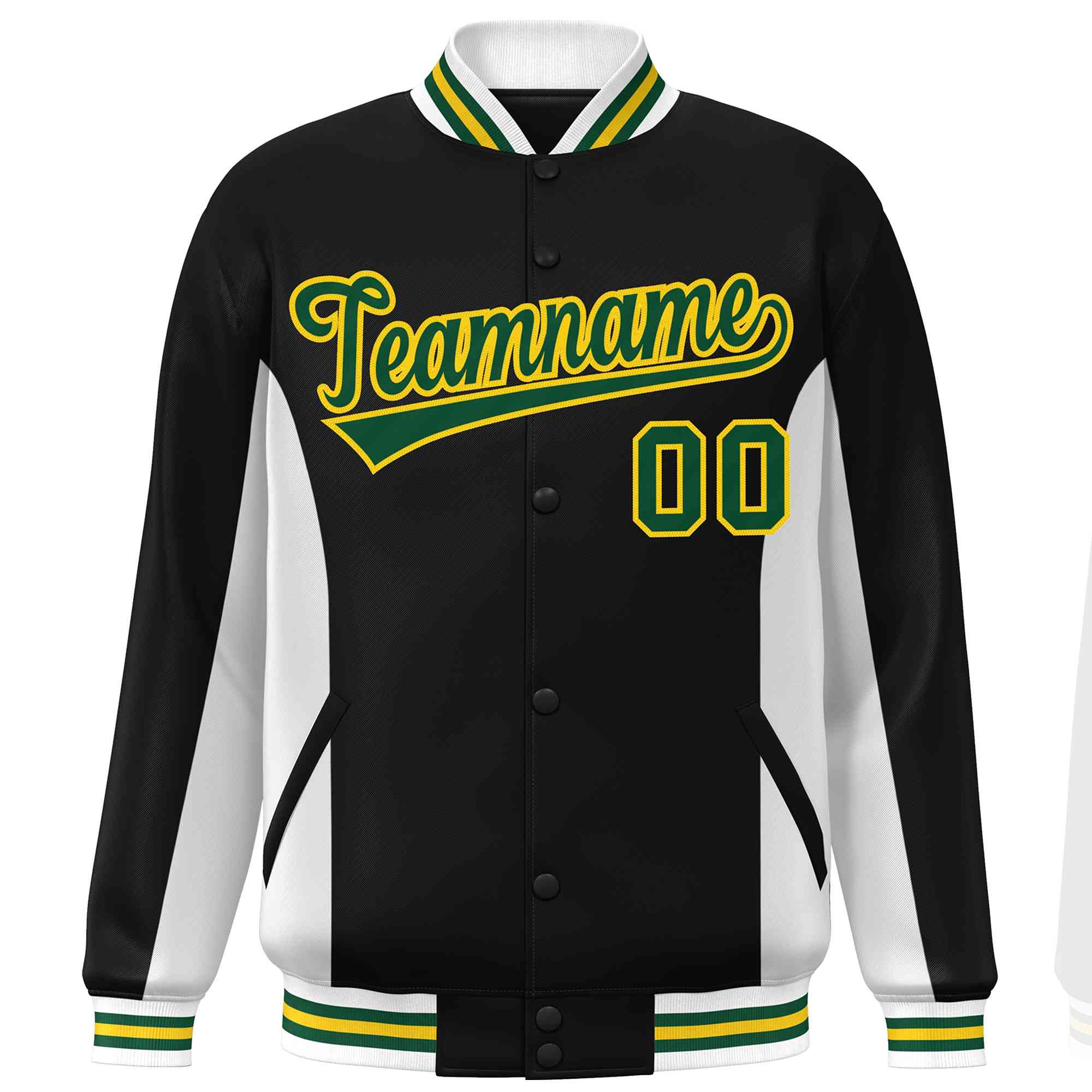 Custom Black White-Green Varsity Full-Snap Color Block Letterman Baseball Jacket