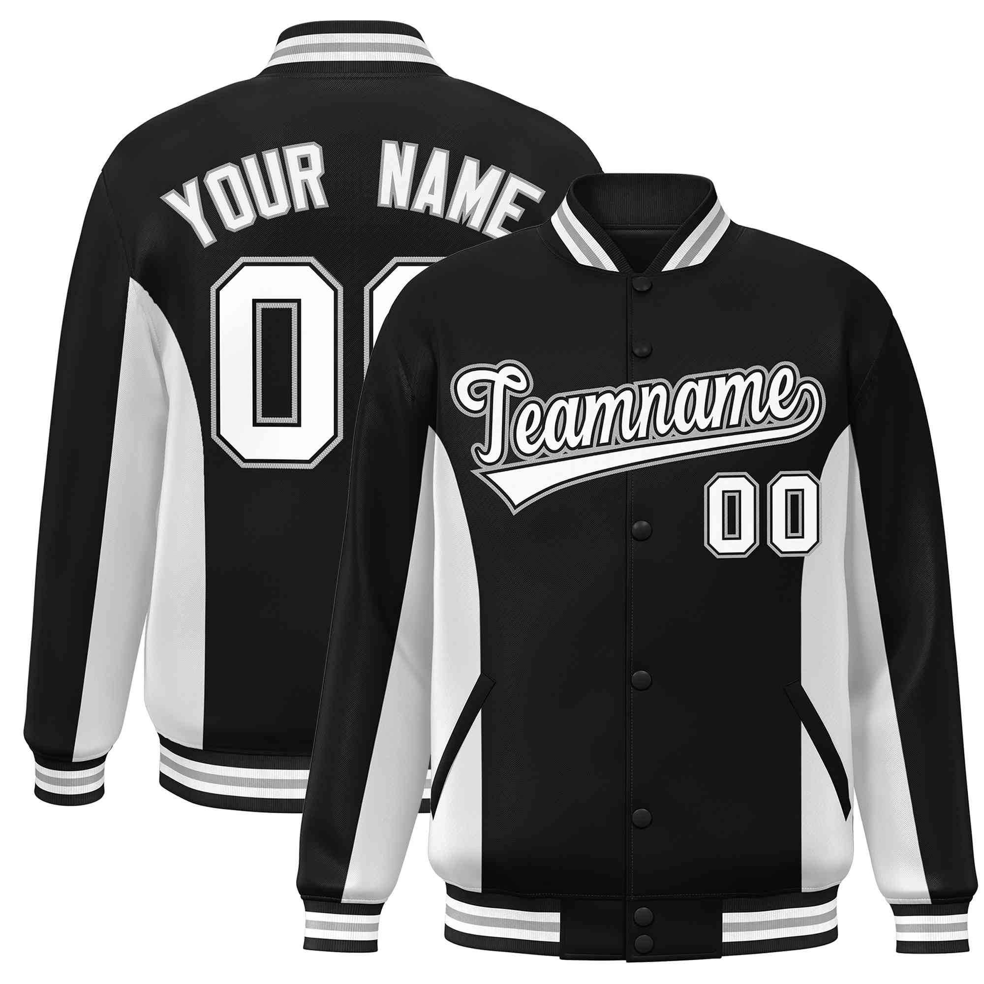 Custom Black White Varsity Full-Snap Color Block Letterman Baseball Jacket