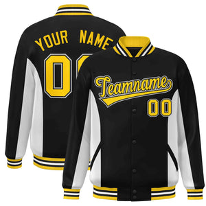 Custom Black White-Gold Varsity Full-Snap Color Block Letterman Baseball Jacket