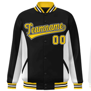 Custom Black White-Gold Varsity Full-Snap Color Block Letterman Baseball Jacket