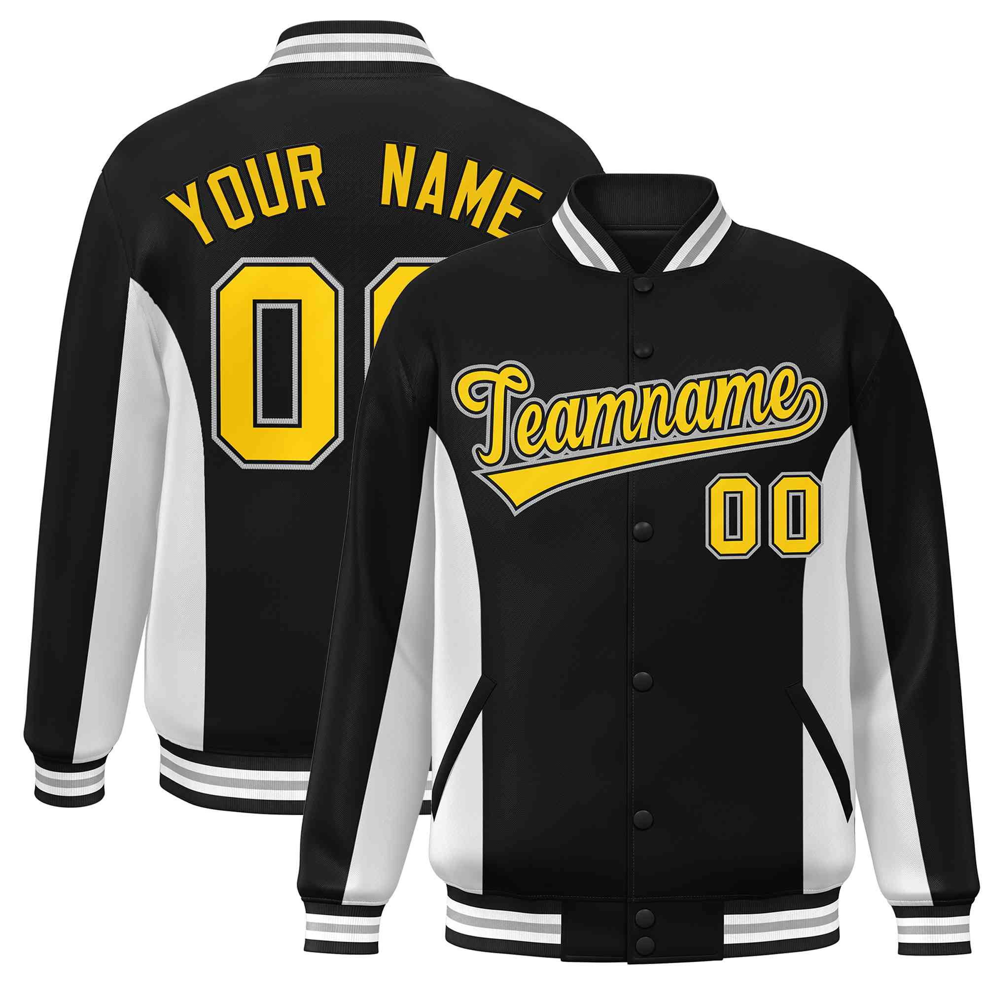 Custom Black White-Gold Varsity Full-Snap Color Block Letterman Baseball Jacket