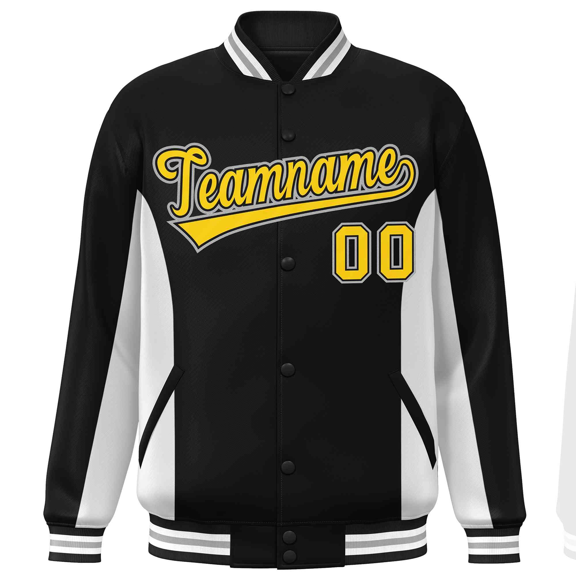 Custom Black White-Gold Varsity Full-Snap Color Block Letterman Baseball Jacket