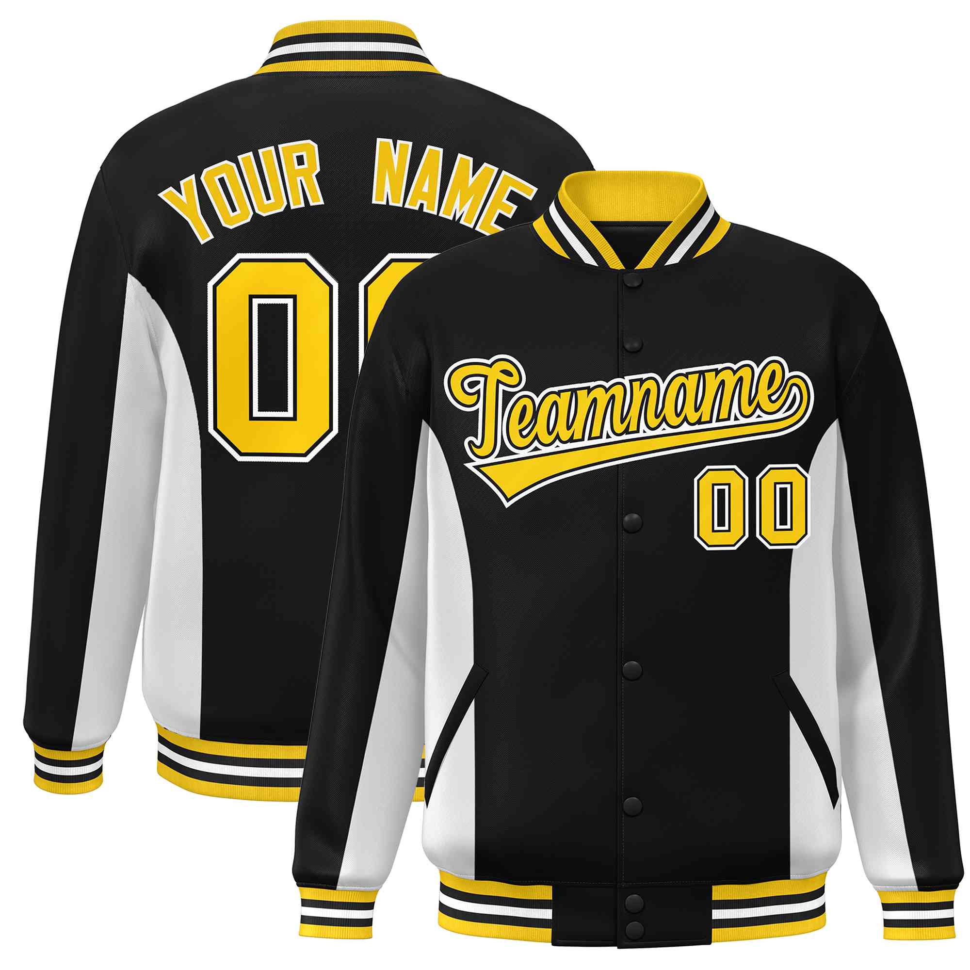 Custom Black White-Gold Varsity Full-Snap Color Block Letterman Baseball Jacket