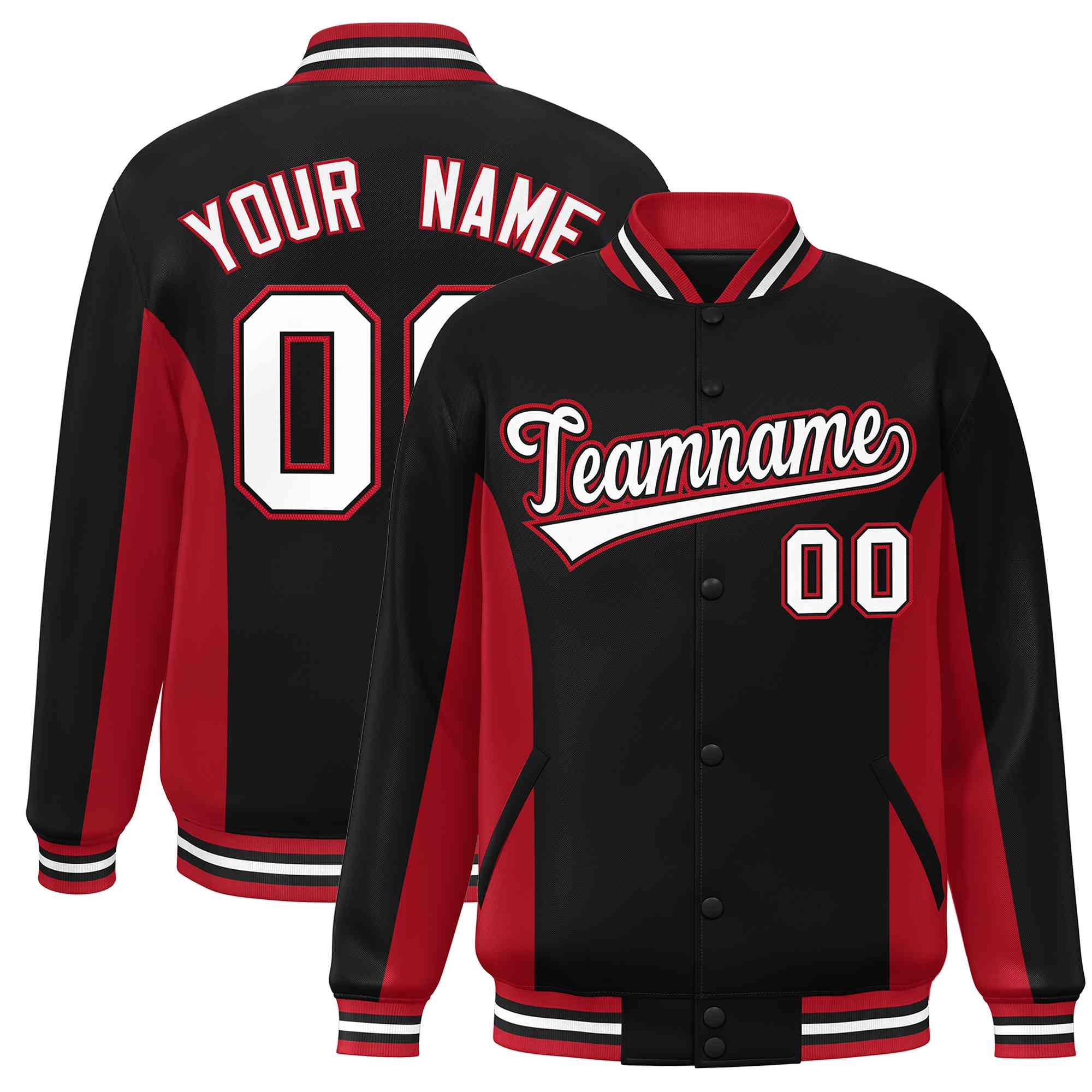 Custom Black Red-White Varsity Full-Snap Color Block Letterman Baseball Jacket