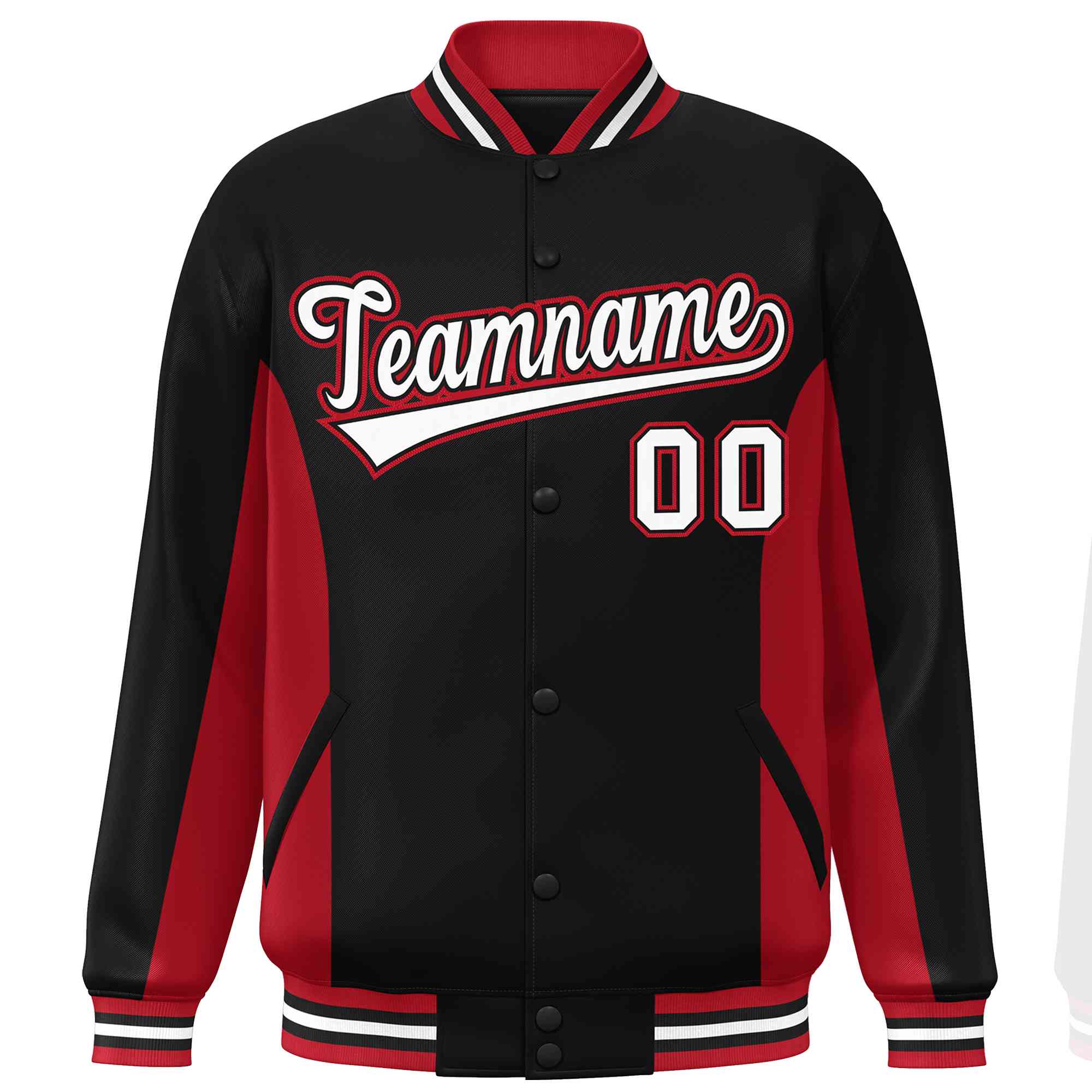 Custom Black Red-White Varsity Full-Snap Color Block Letterman Baseball Jacket