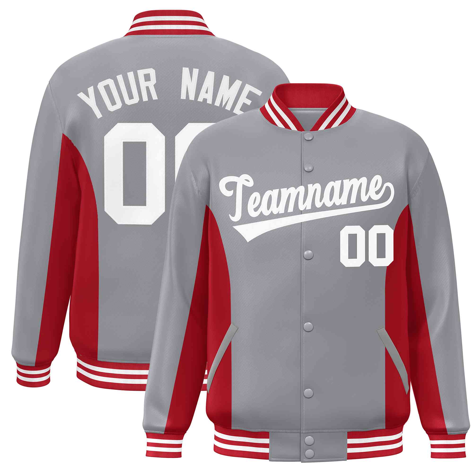 Custom Gray Red-White Varsity Full-Snap Color Block Letterman Baseball Jacket