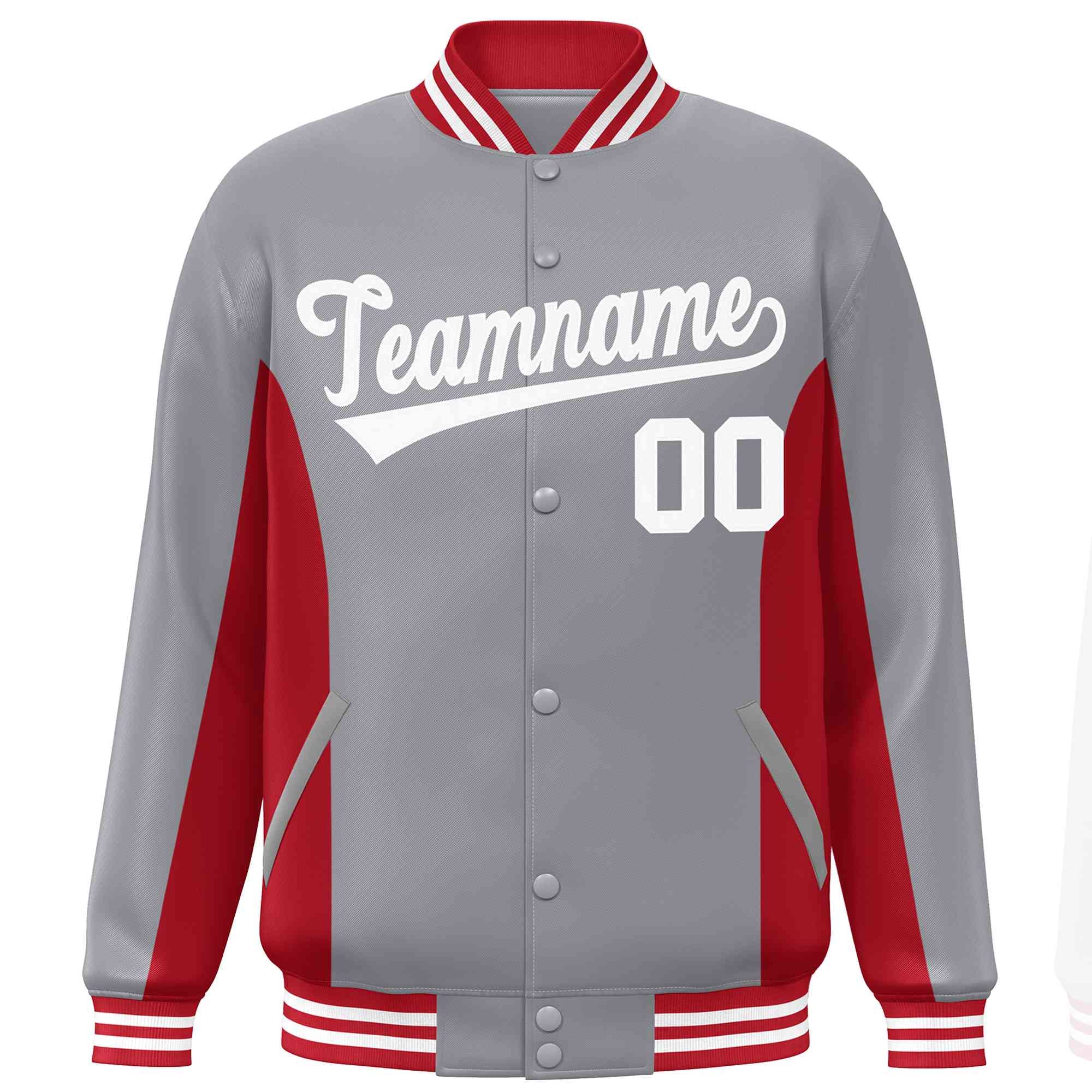 Custom Gray Red-White Varsity Full-Snap Color Block Letterman Baseball Jacket