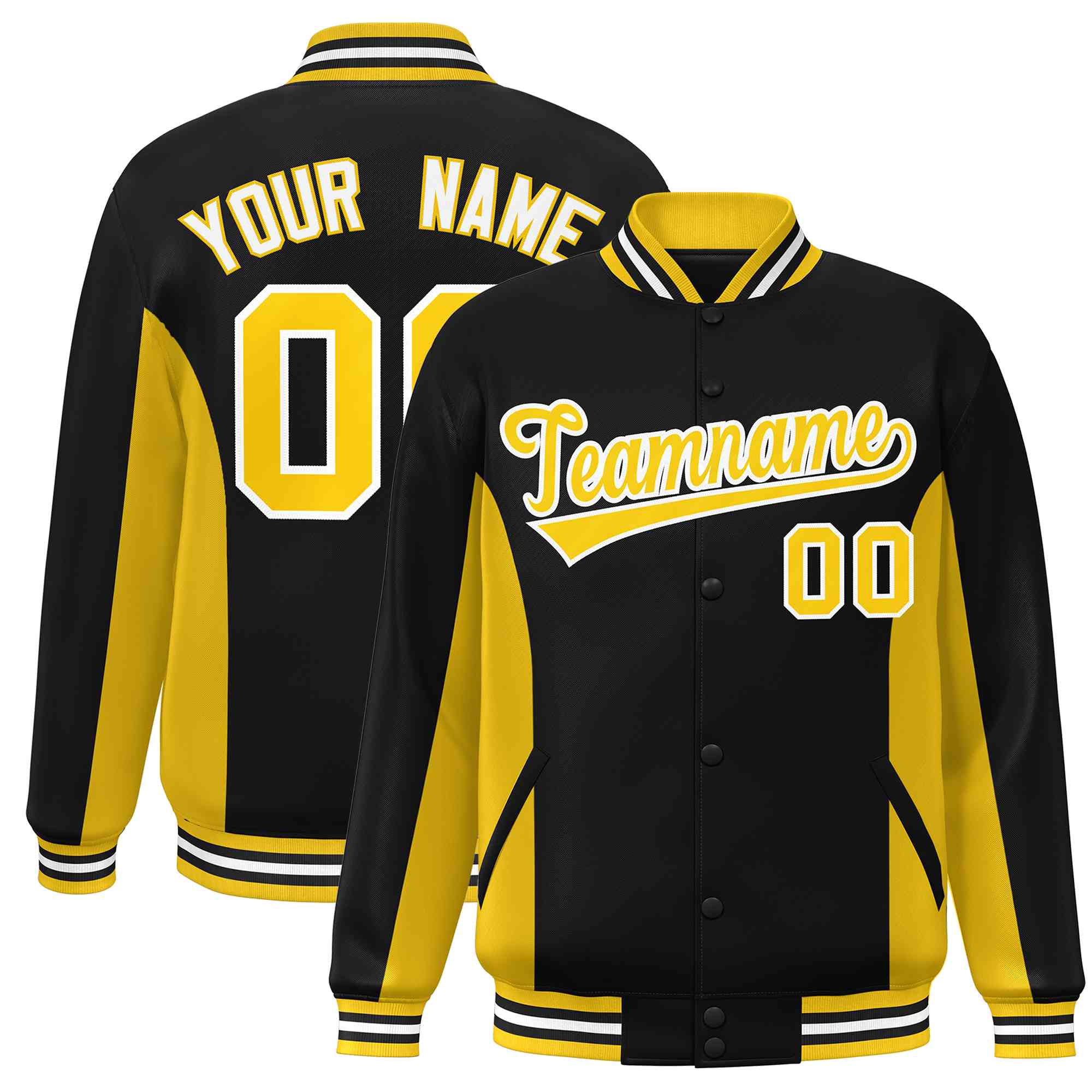 Custom Black Gold Varsity Full-Snap Color Block Letterman Baseball Jacket