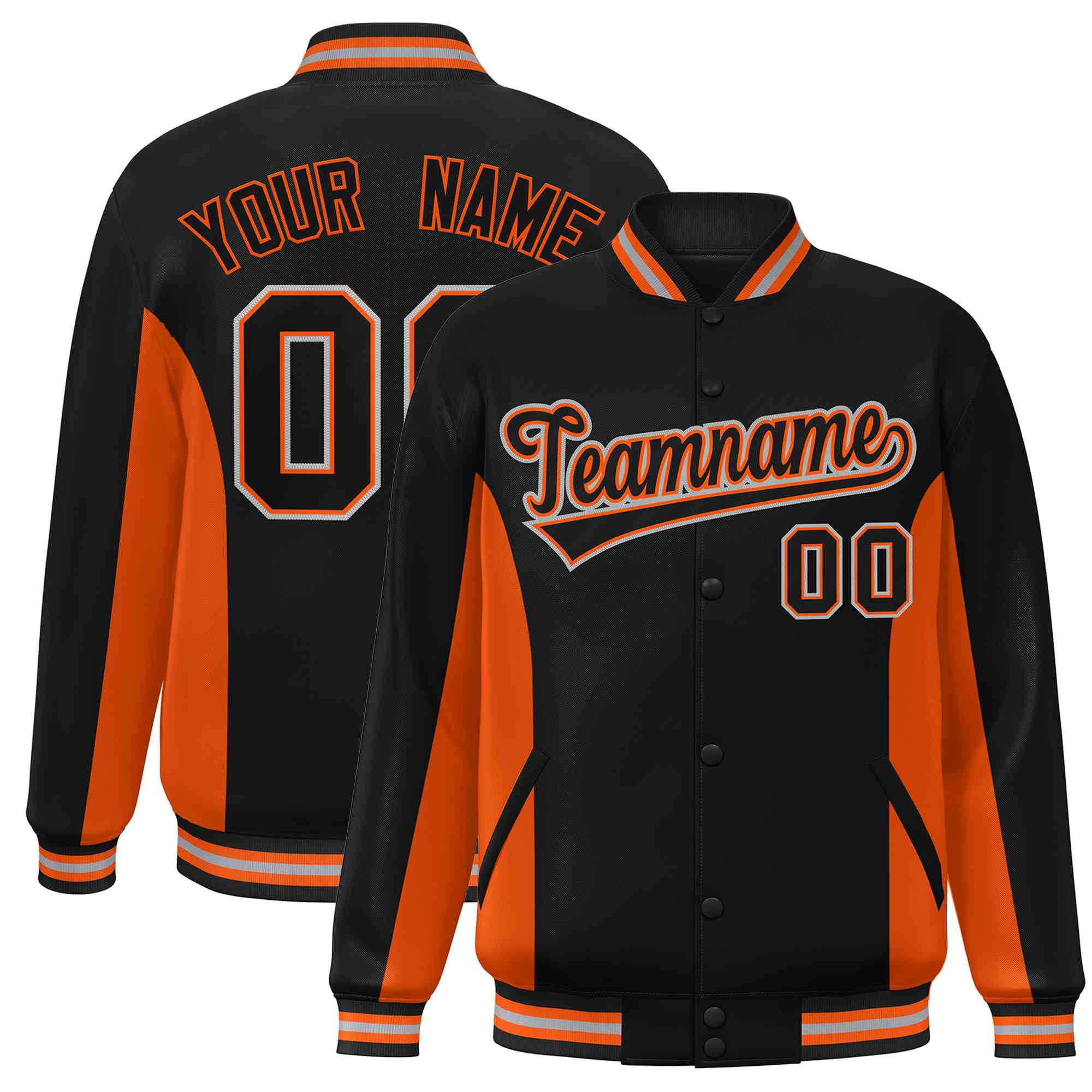 Custom Black Orange Varsity Full-Snap Color Block Letterman Baseball Jacket