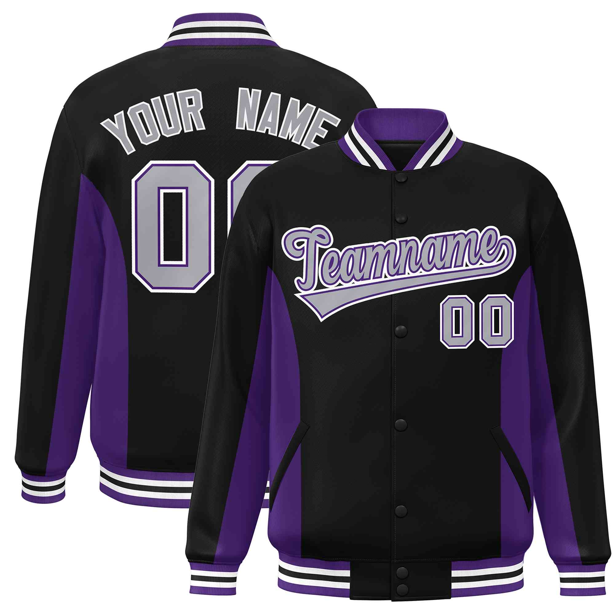 Custom Black Purple-Gray Varsity Full-Snap Color Block Letterman Baseball Jacket