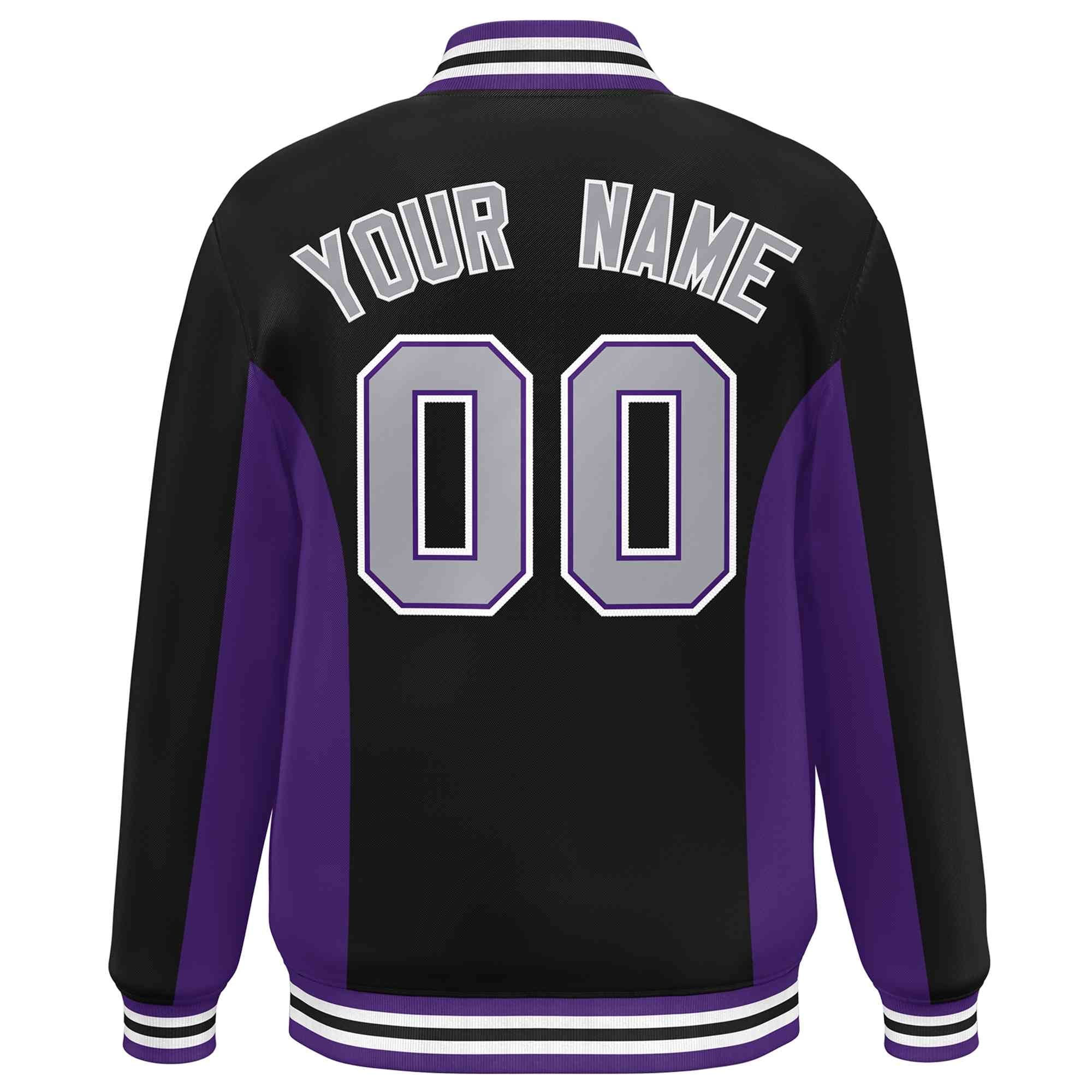 Custom Black Purple-Gray Varsity Full-Snap Color Block Letterman Baseball Jacket