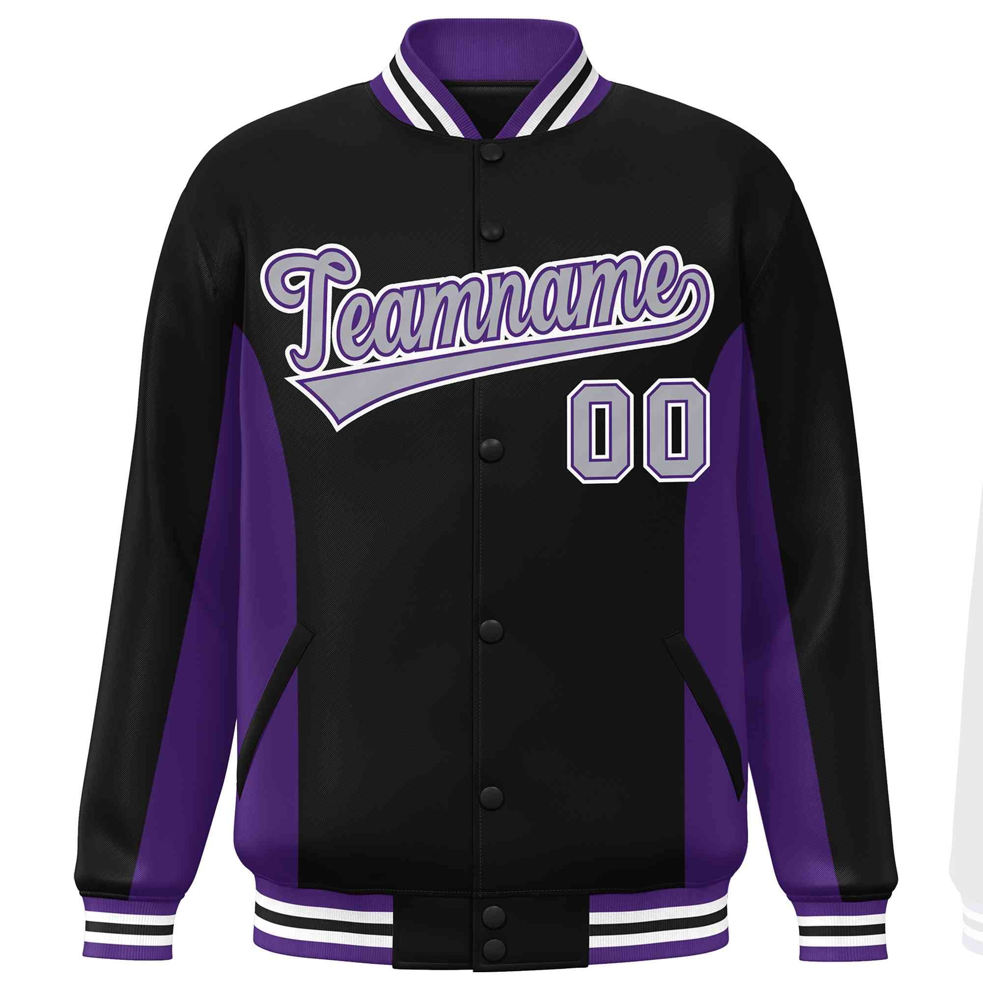 Custom Black Purple-Gray Varsity Full-Snap Color Block Letterman Baseball Jacket