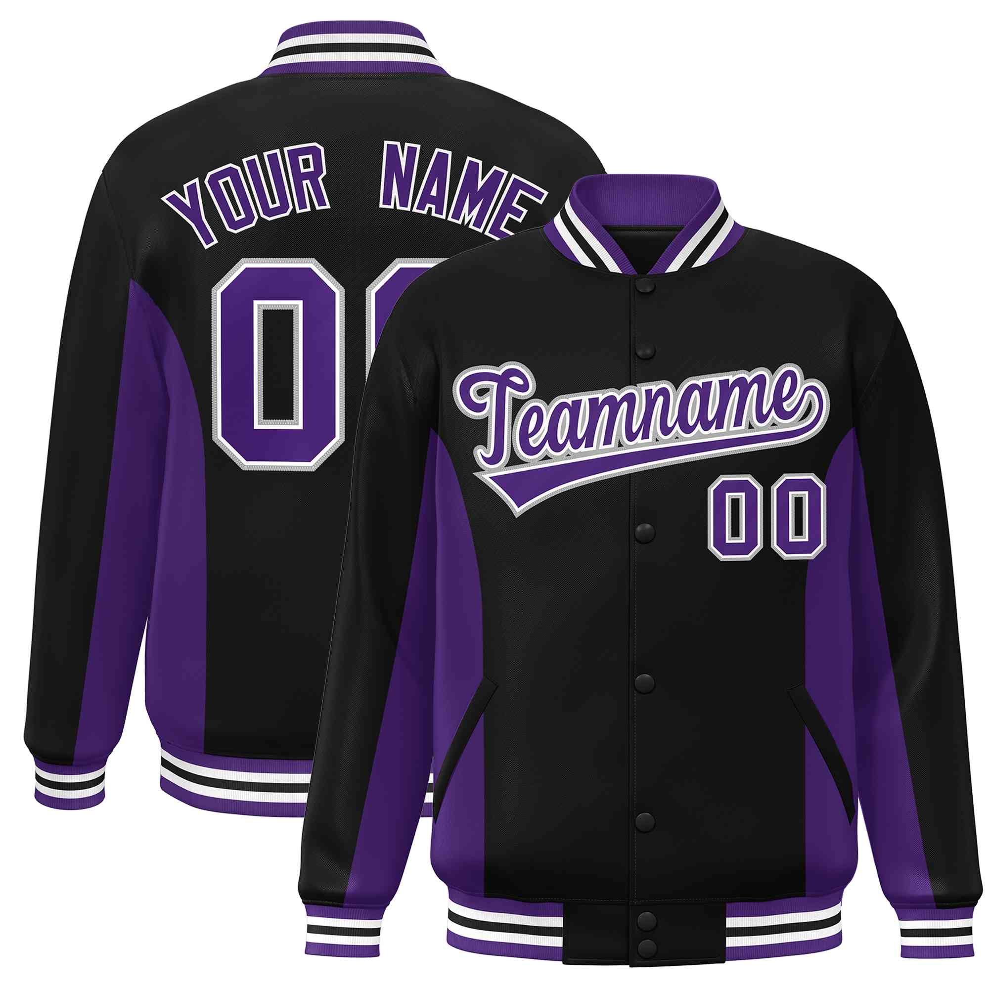 Custom Black Purple Varsity Full-Snap Color Block Letterman Baseball Jacket