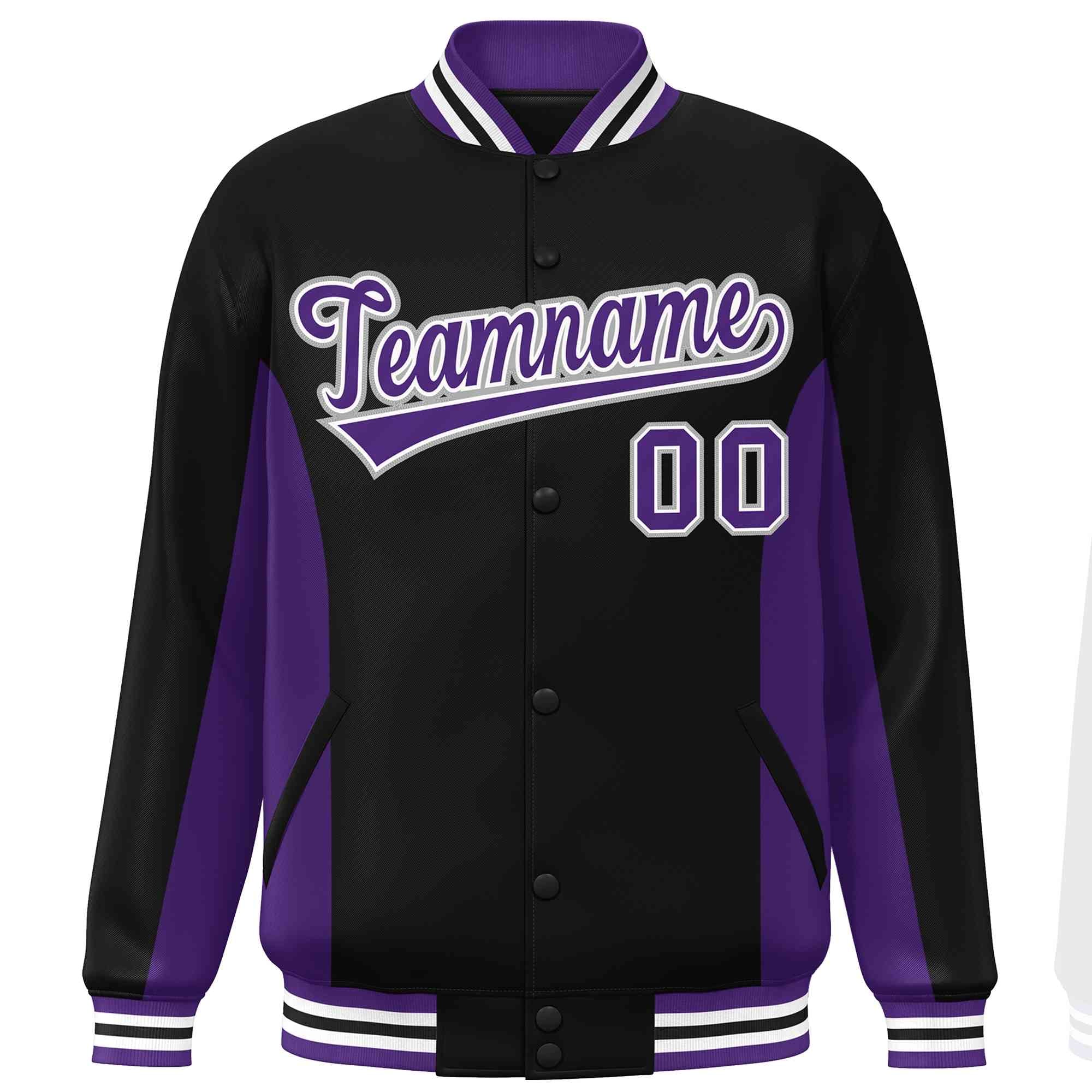 Custom Black Purple Varsity Full-Snap Color Block Letterman Baseball Jacket