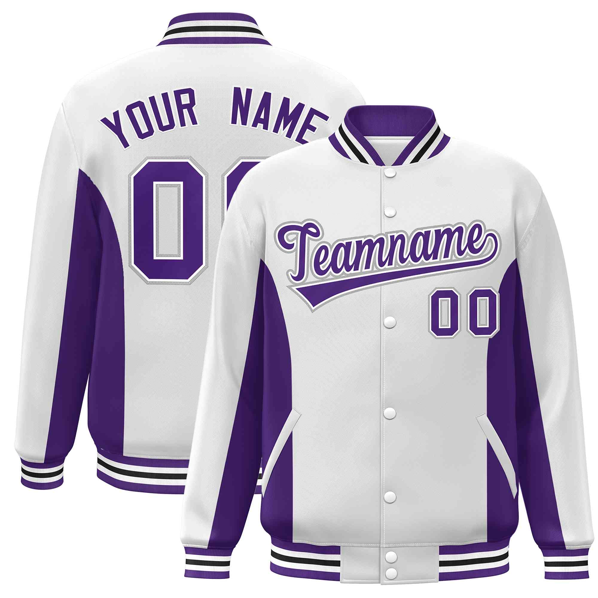 Custom White Purple Varsity Full-Snap Color Block Letterman Baseball Jacket