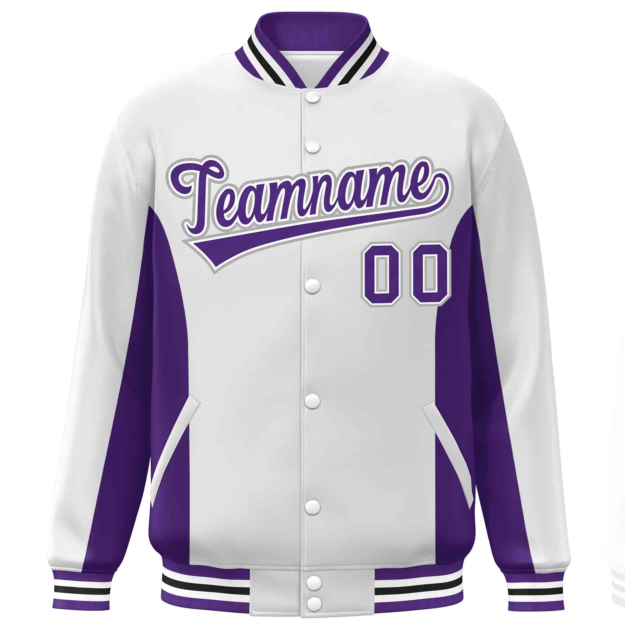 Custom White Purple Varsity Full-Snap Color Block Letterman Baseball Jacket