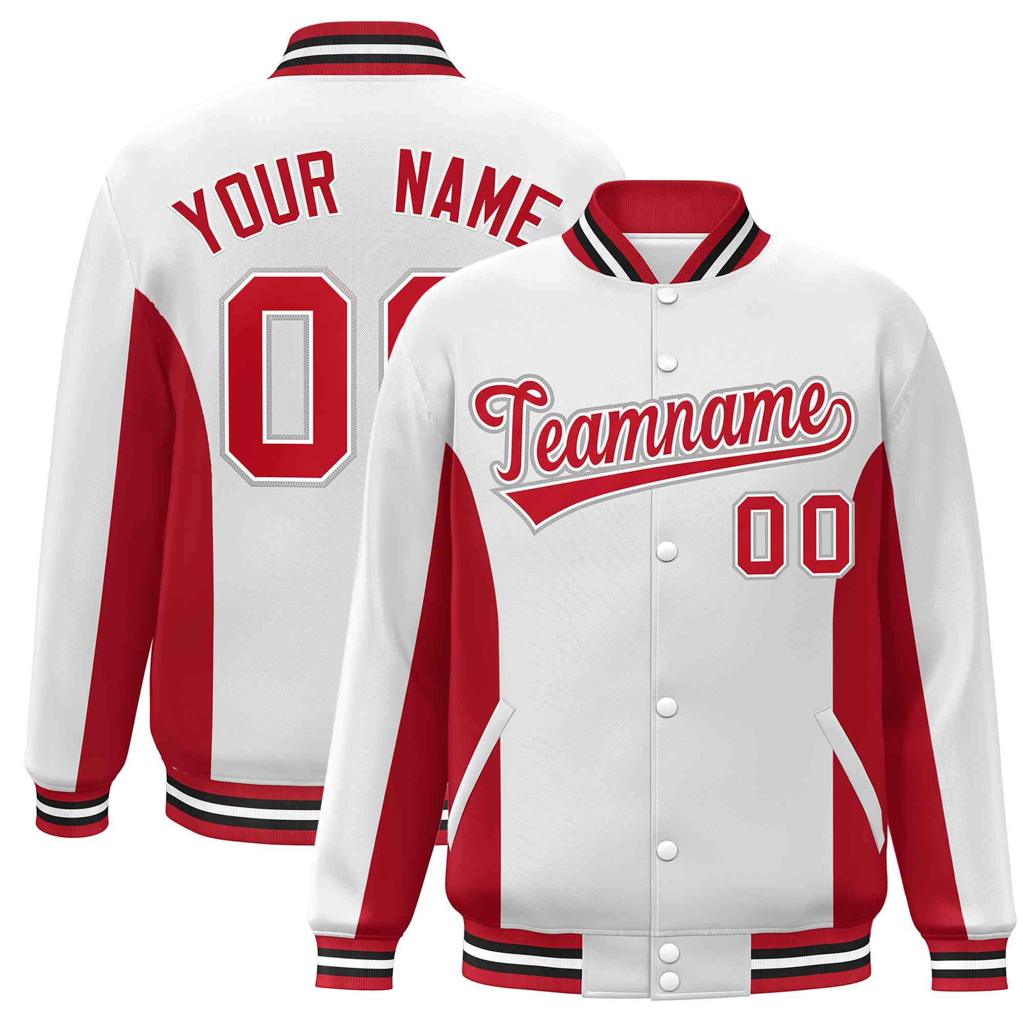 Custom White Red Varsity Full-Snap Color Block Letterman Baseball Jacket