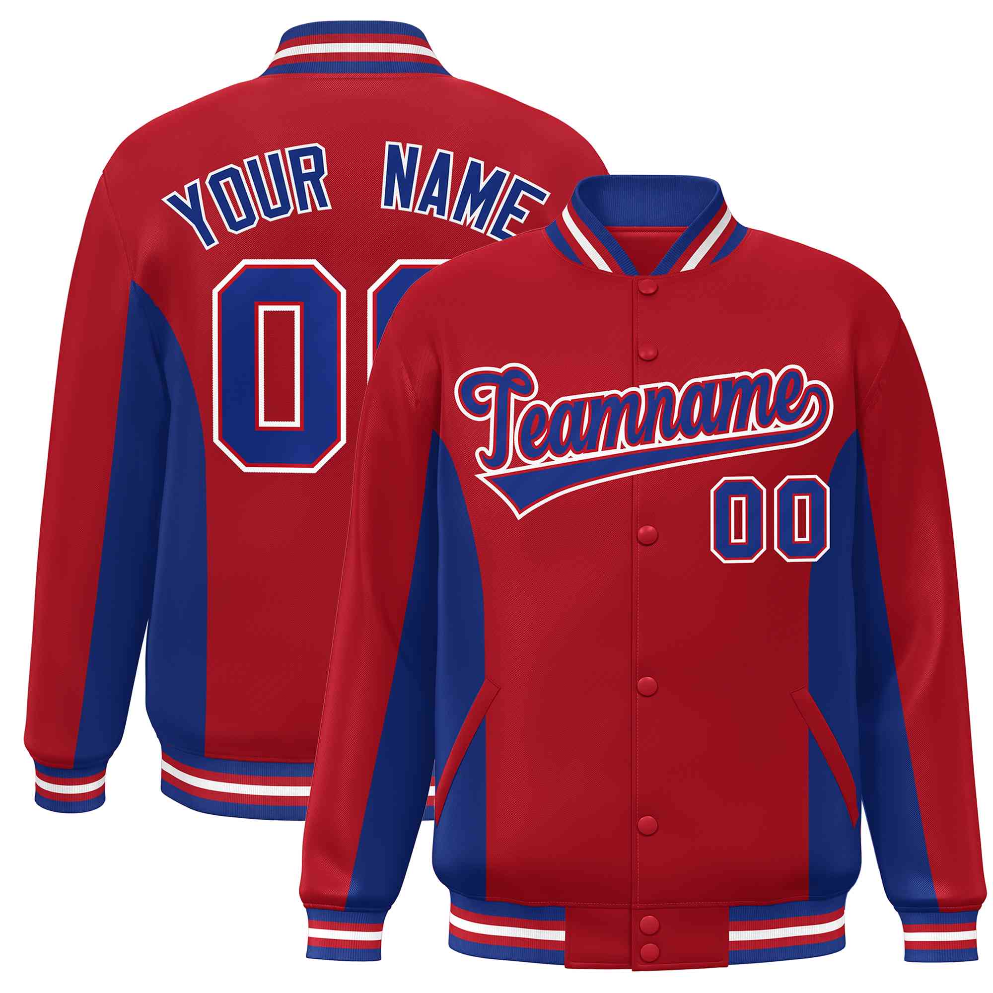 Custom Red Royal Varsity Full-Snap Color Block Letterman Baseball Jacket