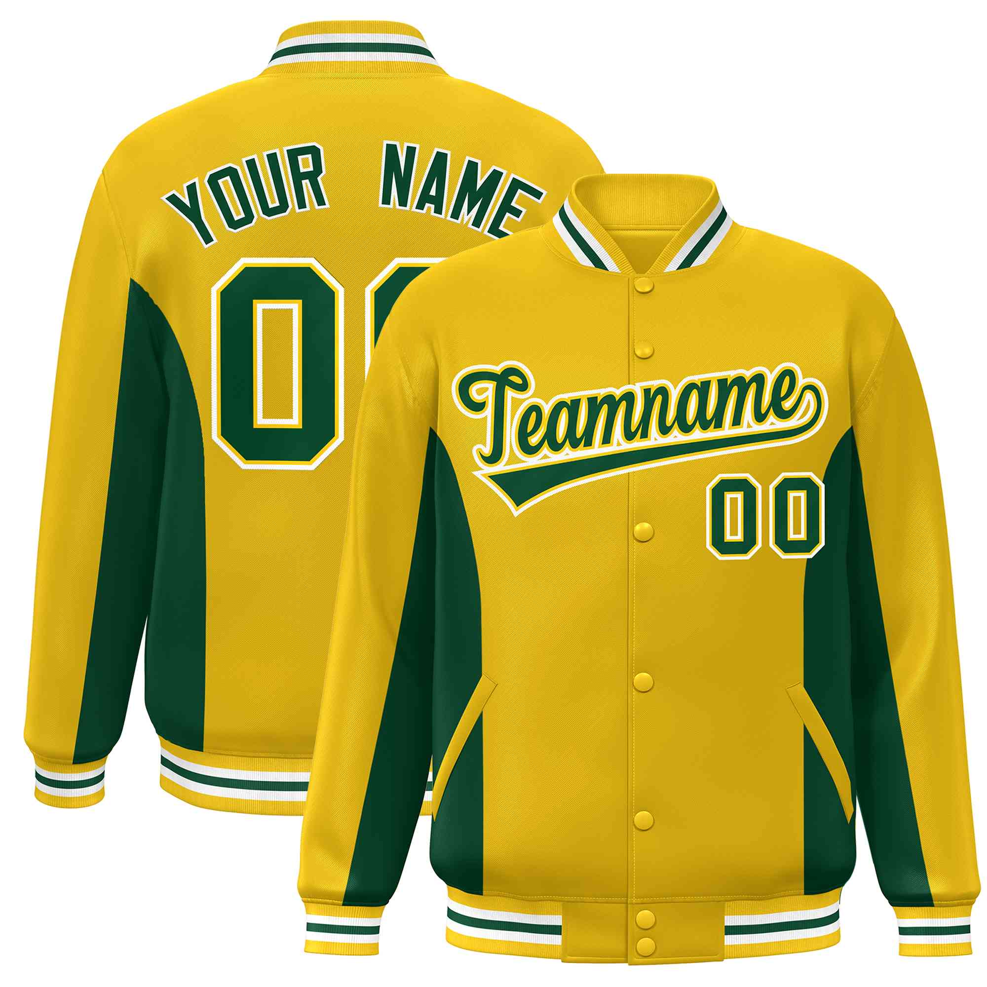 Custom Gold Green Varsity Full-Snap Color Block Letterman Baseball Jacket