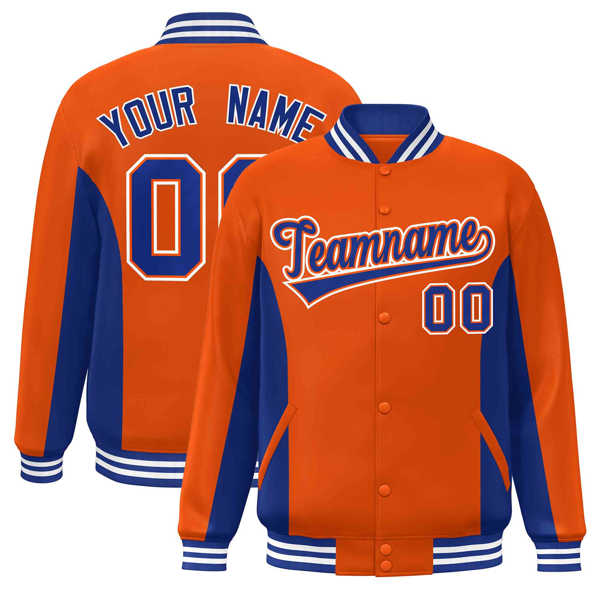 Custom Orange Royal Varsity Full-Snap Color Block Letterman Baseball Jacket