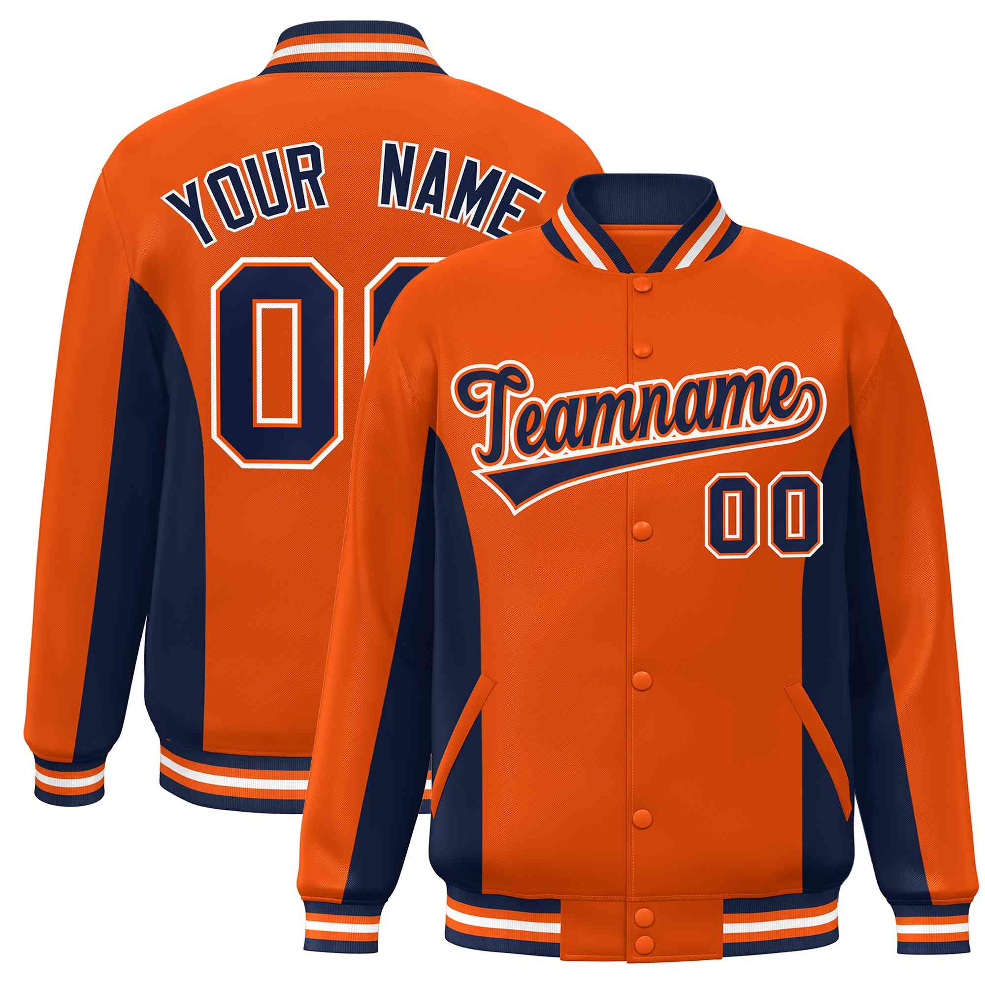 Custom Orange Navy Varsity Full-Snap Color Block Letterman Baseball Jacket