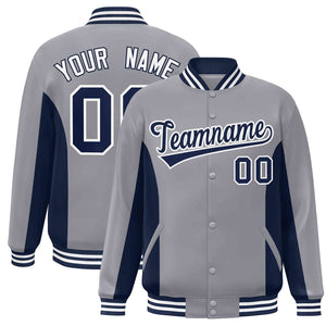 Custom Gray Navy Varsity Full-Snap Color Block Letterman Baseball Jacket