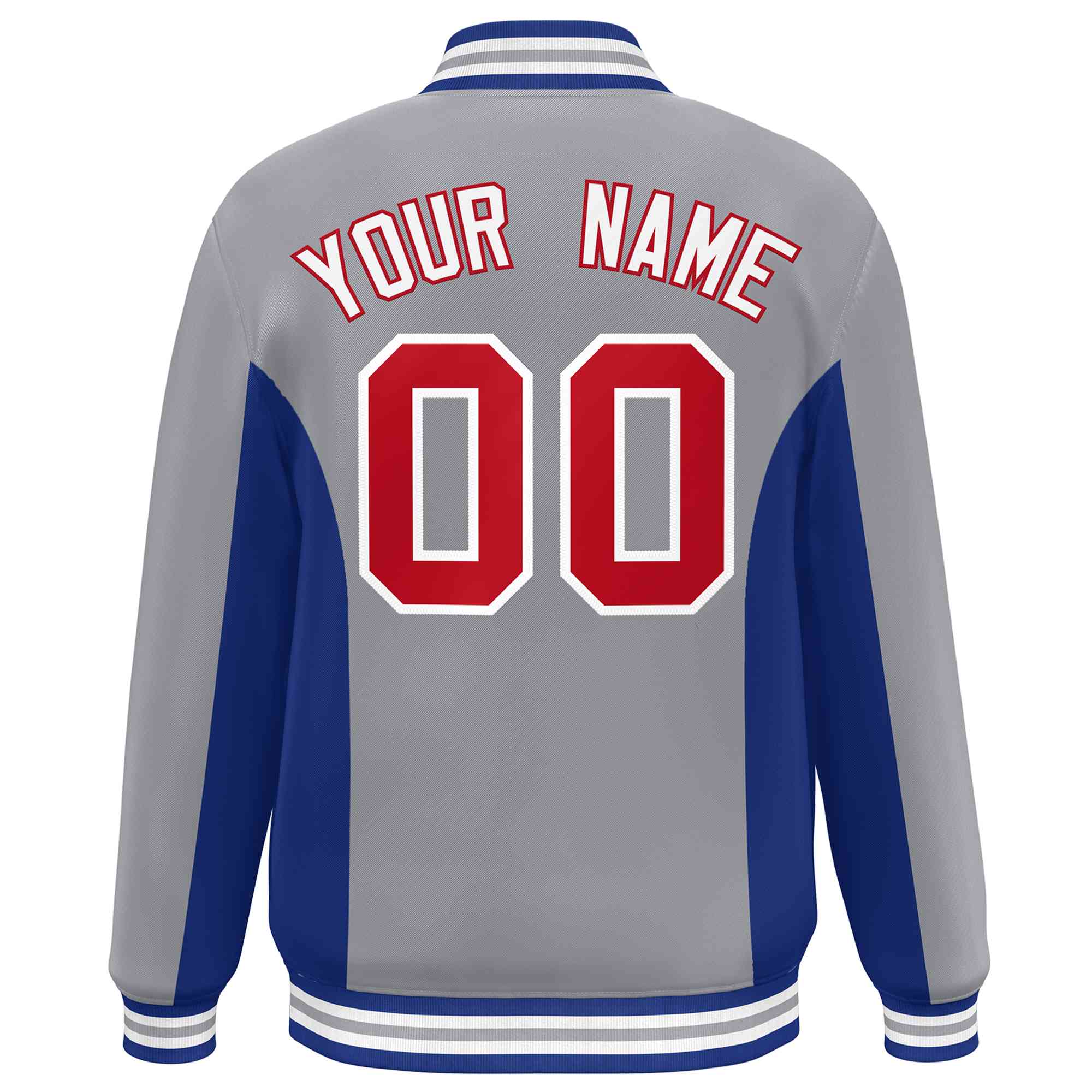 Custom Gray Royal-Red Varsity Full-Snap Color Block Letterman Baseball Jacket