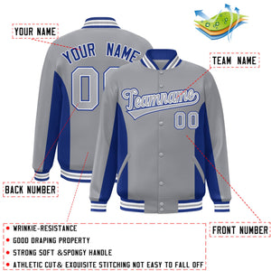 Custom Gray Royal Varsity Full-Snap Color Block Letterman Baseball Jacket