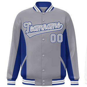 Custom Gray Royal Varsity Full-Snap Color Block Letterman Baseball Jacket