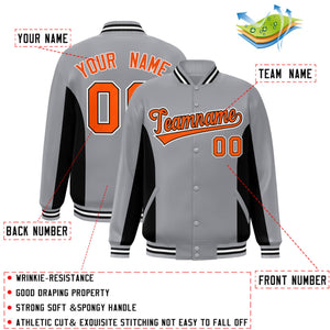 Custom Gray Black-Orange Varsity Full-Snap Color Block Letterman Baseball Jacket