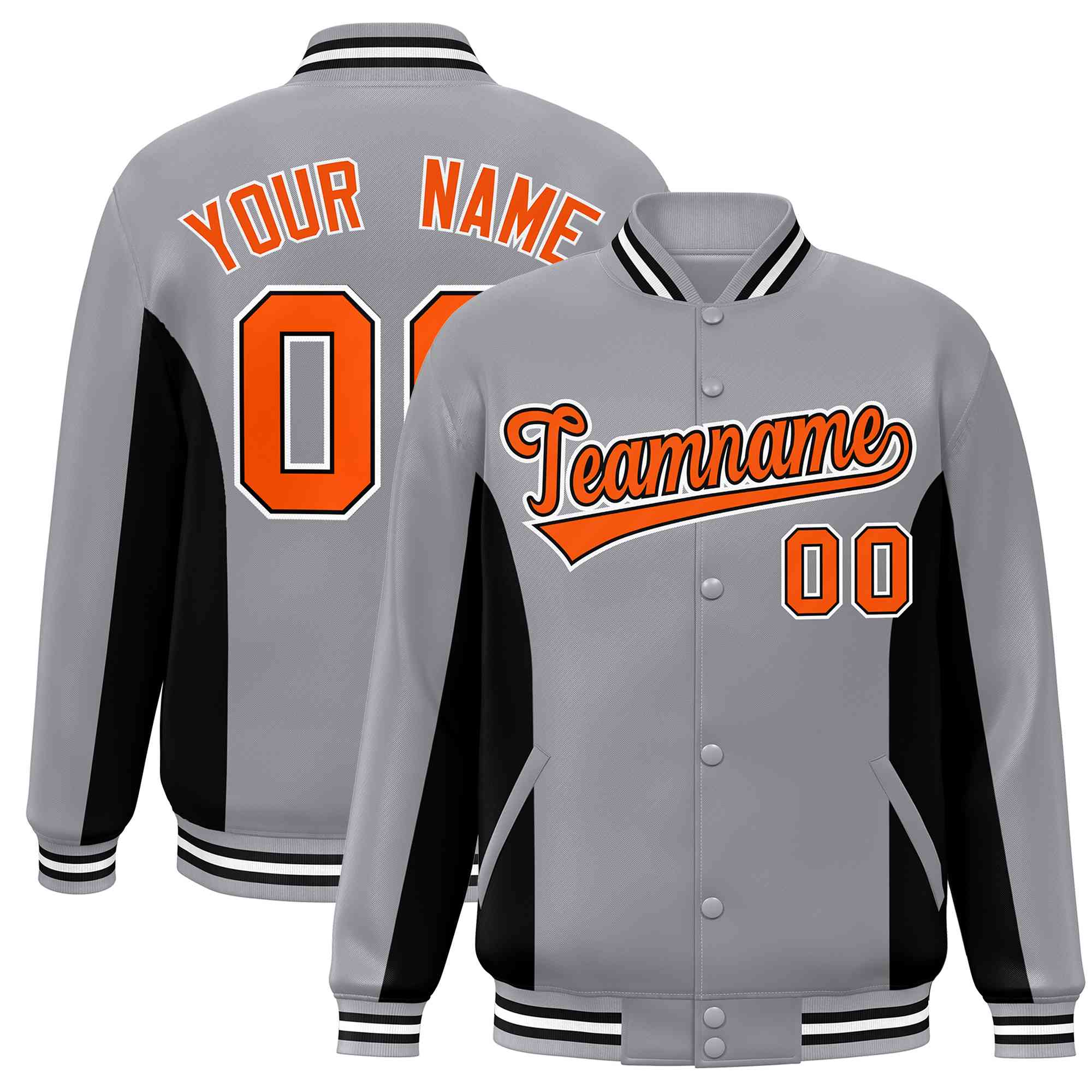 Custom Gray Black-Orange Varsity Full-Snap Color Block Letterman Baseball Jacket