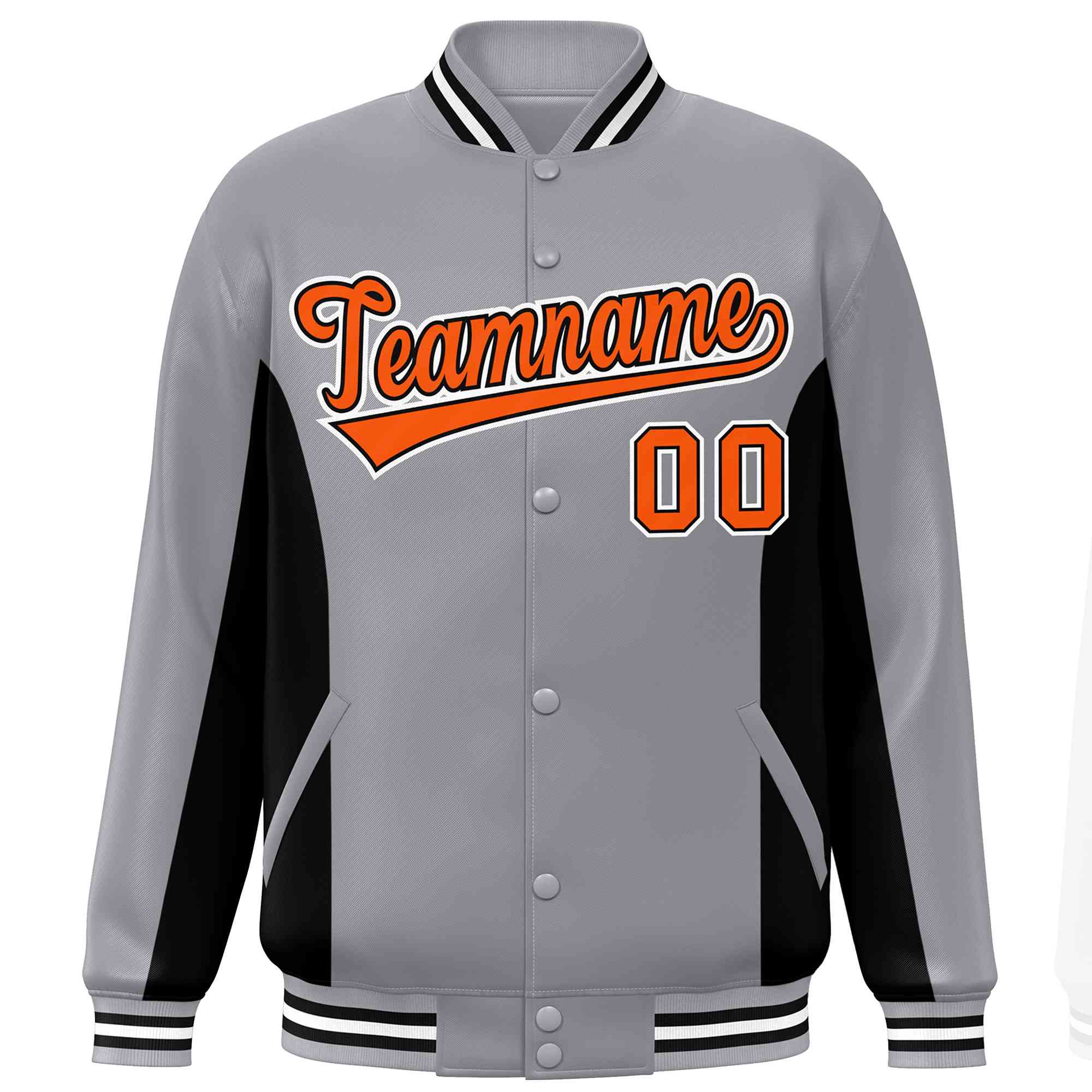 Custom Gray Black-Orange Varsity Full-Snap Color Block Letterman Baseball Jacket