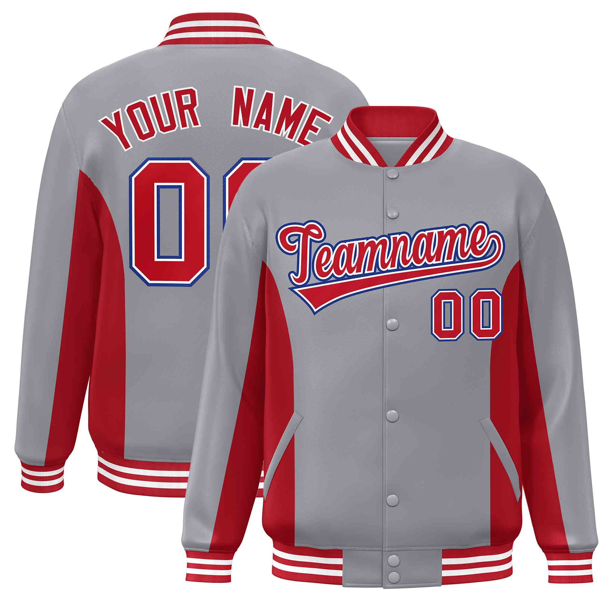 Custom Gray Red Varsity Full-Snap Color Block Letterman Baseball Jacket