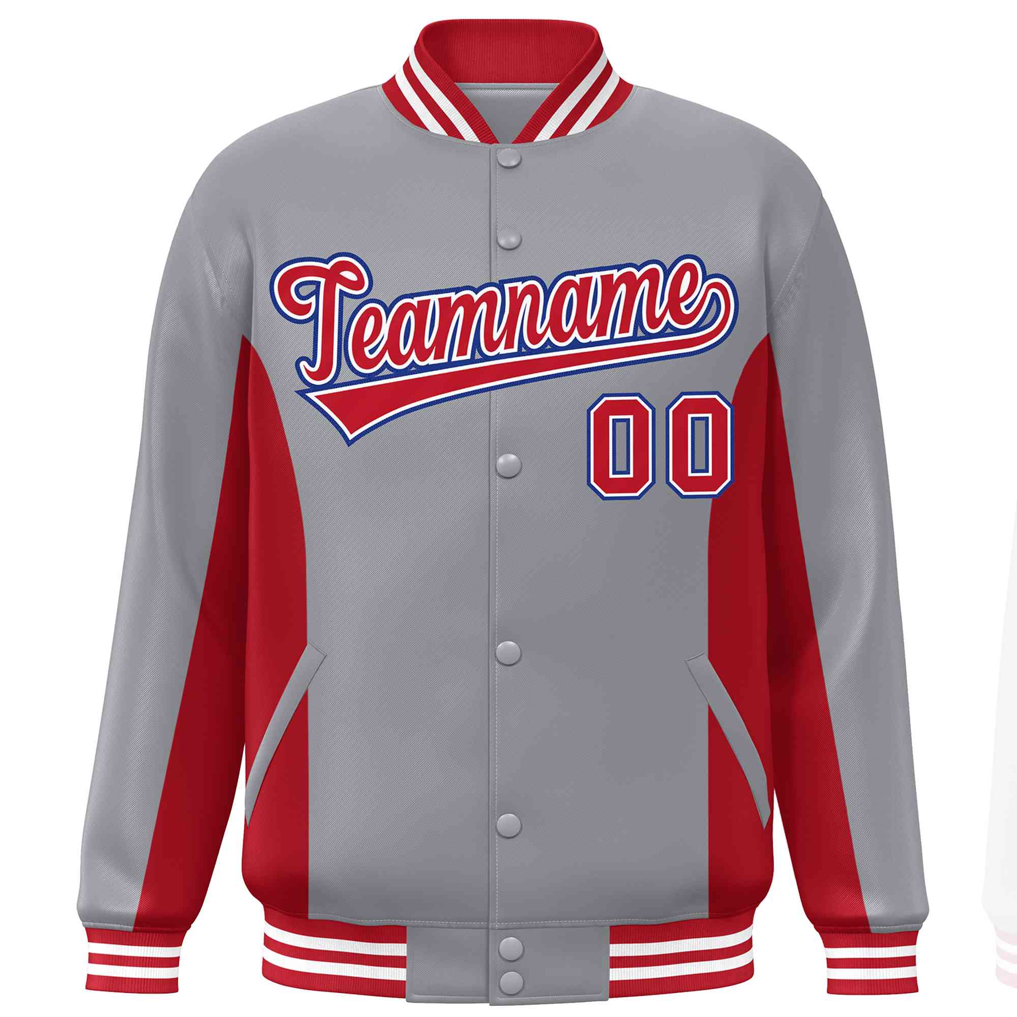 Custom Gray Red Varsity Full-Snap Color Block Letterman Baseball Jacket