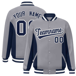 Custom Gray Navy Varsity Full-Snap Color Block Letterman Baseball Jacket