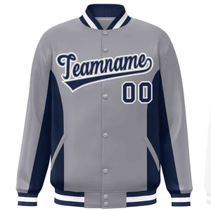 Custom Gray Navy Varsity Full-Snap Color Block Letterman Baseball Jacket