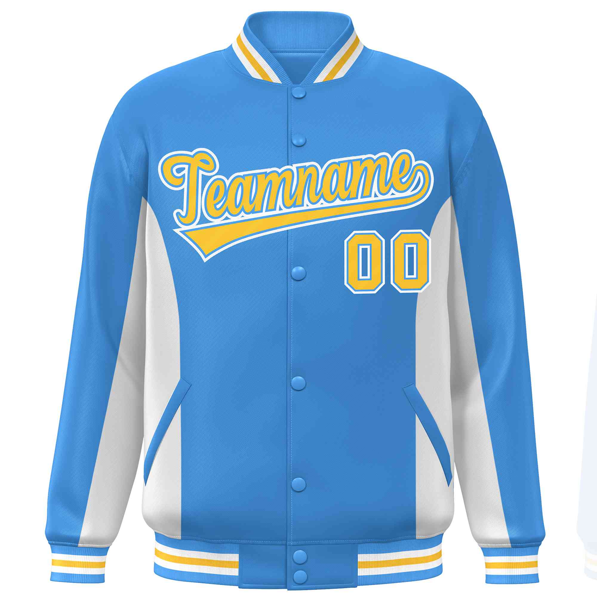 Custom Powder Blue White-Gold Varsity Full-Snap Color Block Letterman Baseball Jacket