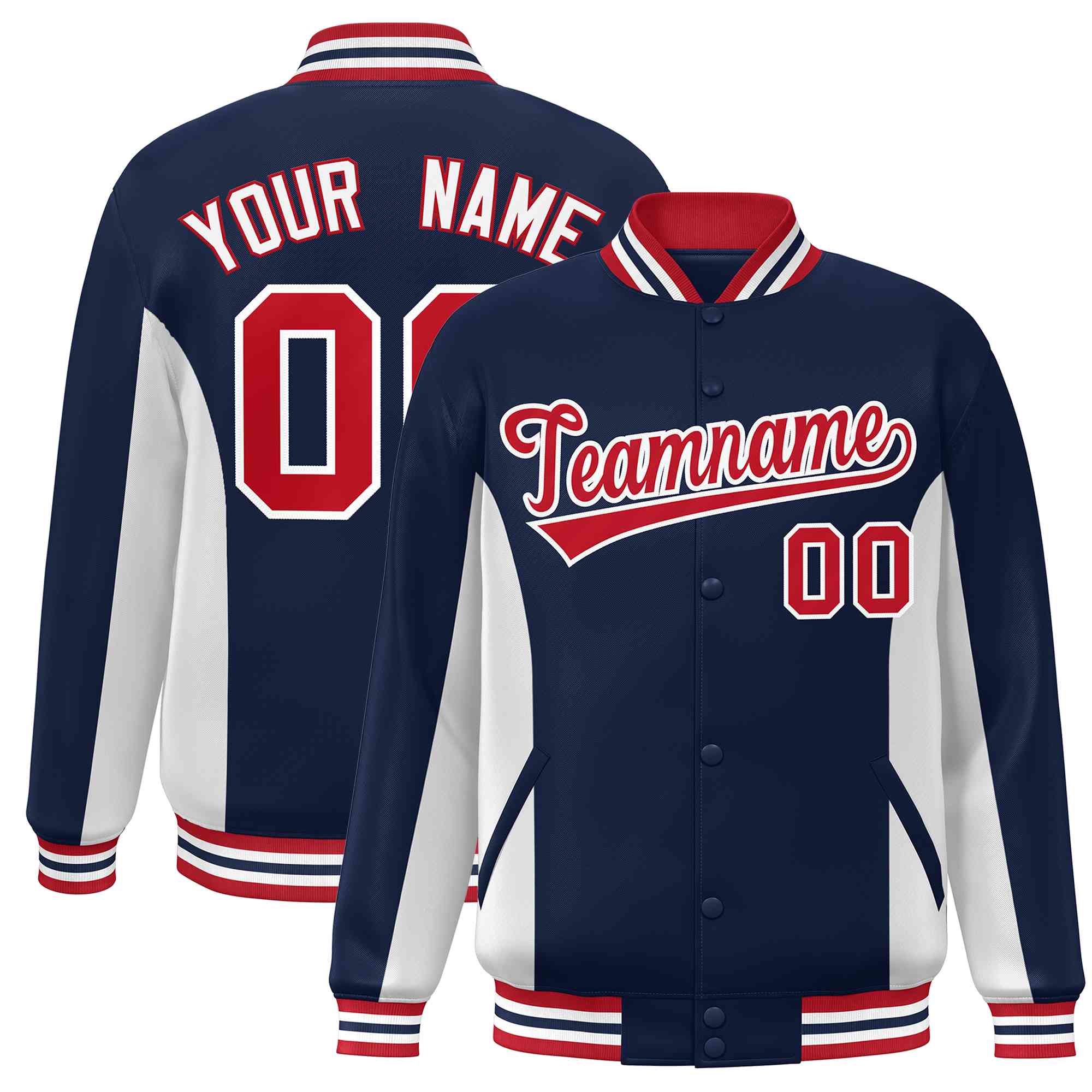 Custom Navy White-Red Varsity Full-Snap Color Block Letterman Baseball Jacket