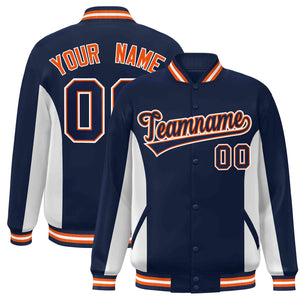 Custom Navy White Varsity Full-Snap Color Block Letterman Baseball Jacket