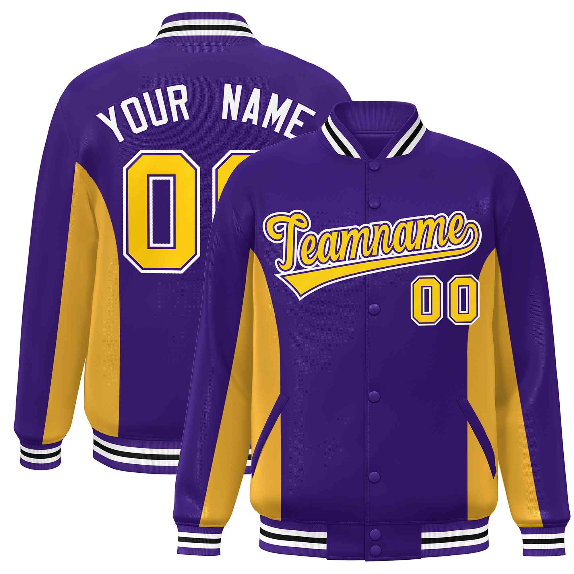 Custom Purple Gold Varsity Full-Snap Color Block Letterman Baseball Jacket