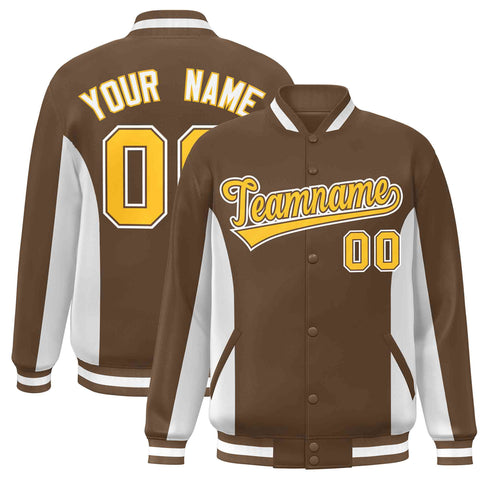 Custom Brown White-Gold Varsity Full-Snap Color Block Letterman Baseball Jacket