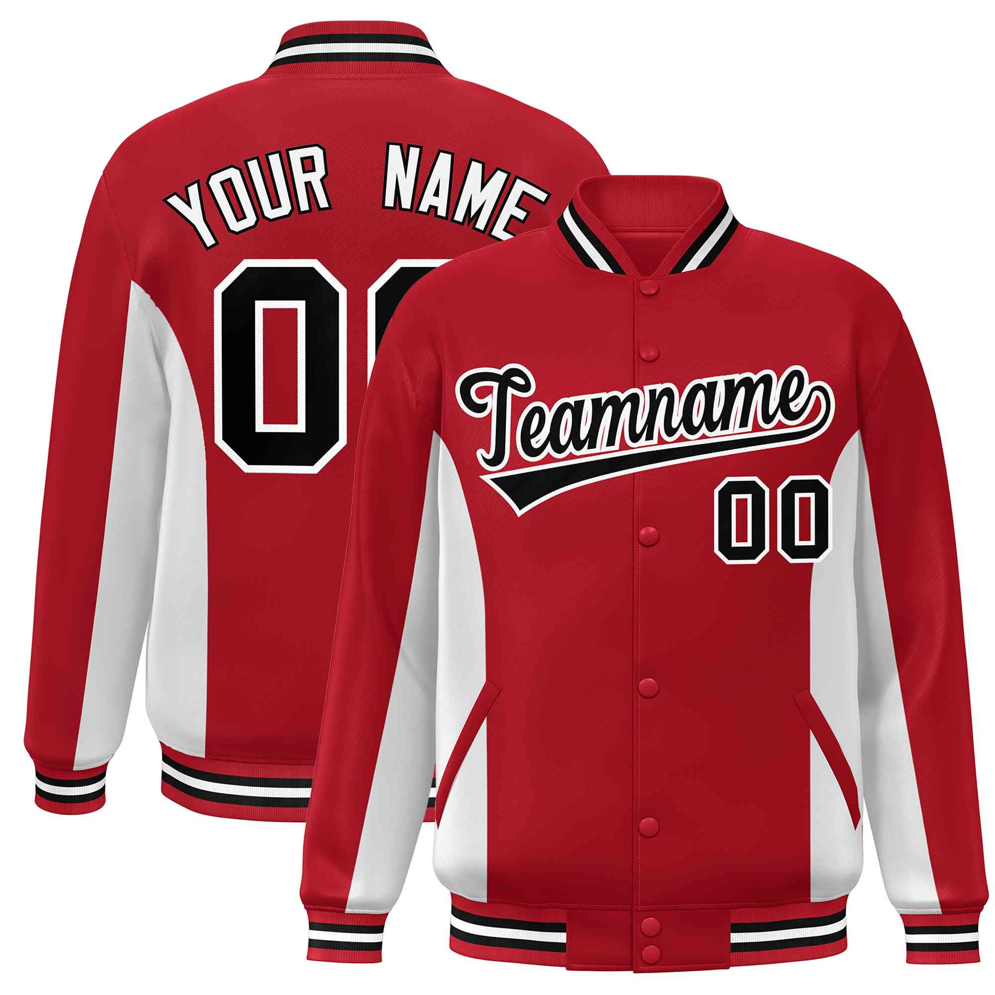 Custom Red White-Black Varsity Full-Snap Color Block Letterman Baseball Jacket