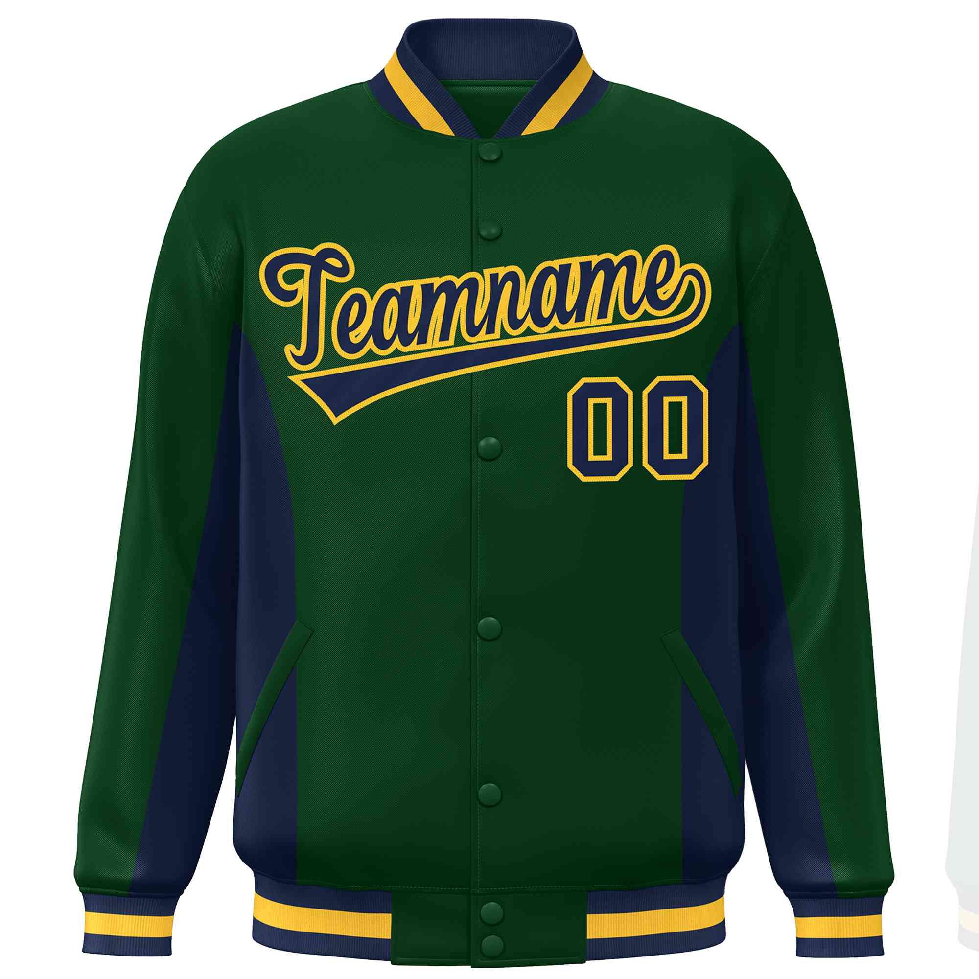 Custom Green Navy Varsity Full-Snap Color Block Letterman Baseball Jacket