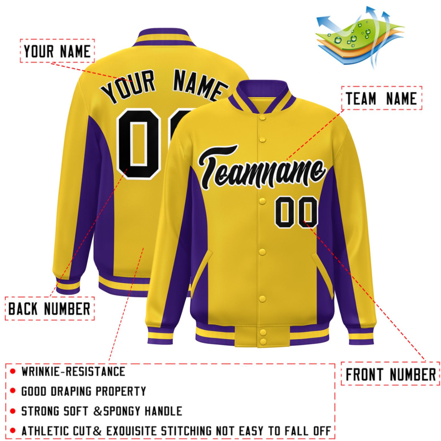 Custom Gold Purple-Black Varsity Full-Snap Color Block Letterman Baseball Jacket