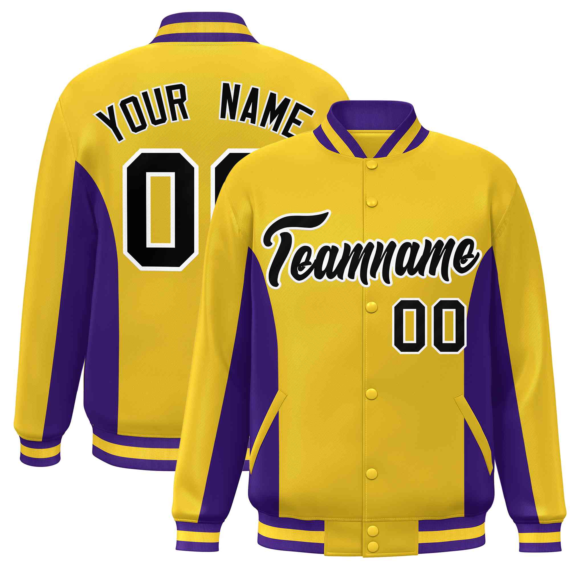 Custom Gold Purple-Black Varsity Full-Snap Color Block Letterman Baseball Jacket