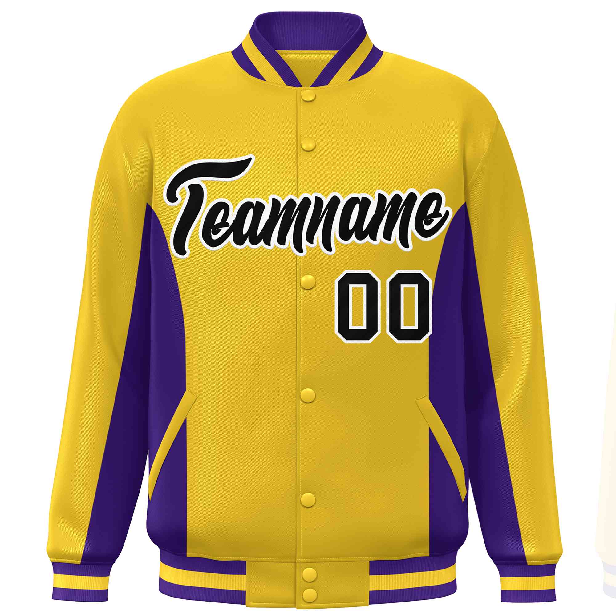 Custom Gold Purple-Black Varsity Full-Snap Color Block Letterman Baseball Jacket