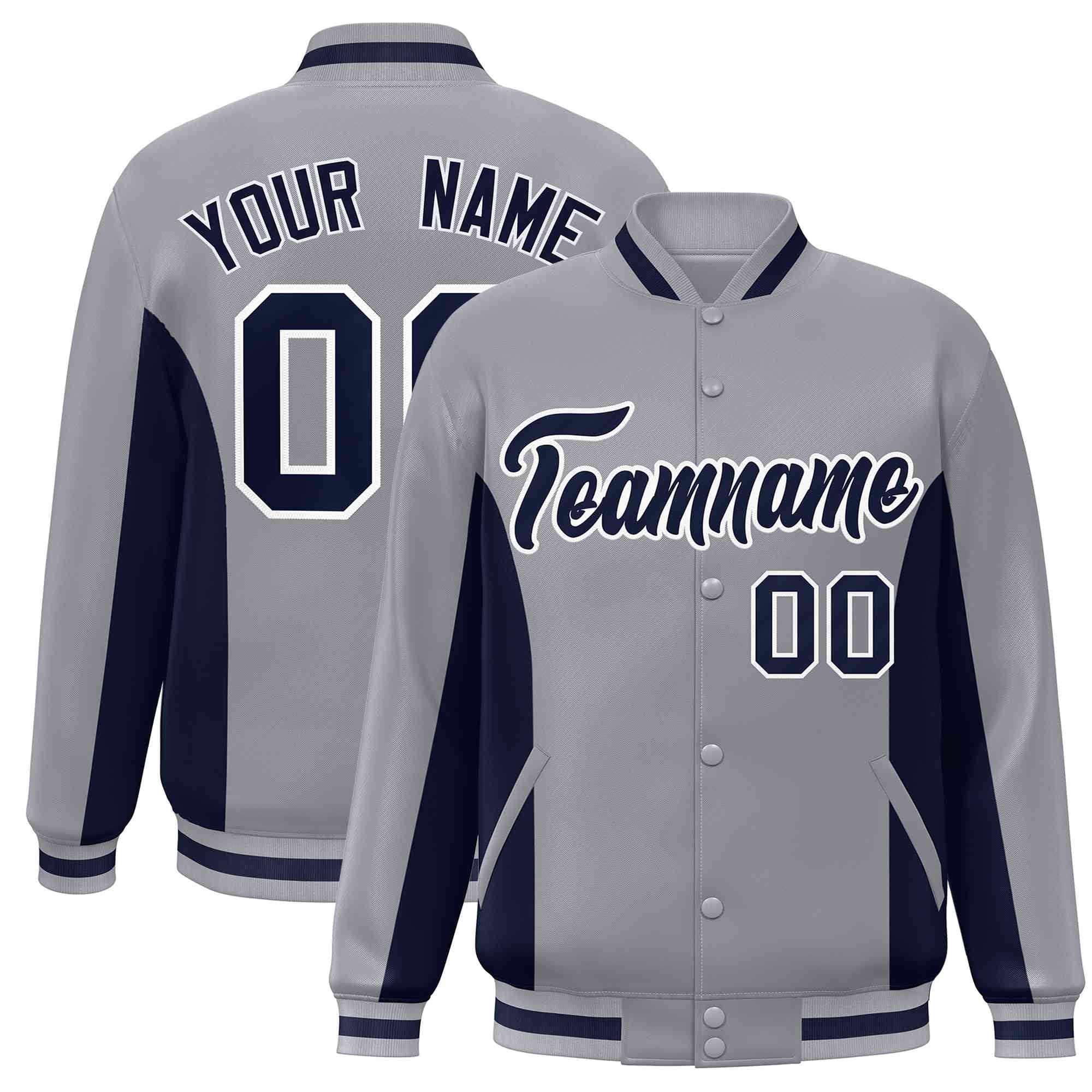 Custom Gray Navy Varsity Full-Snap Color Block Letterman Baseball Jacket